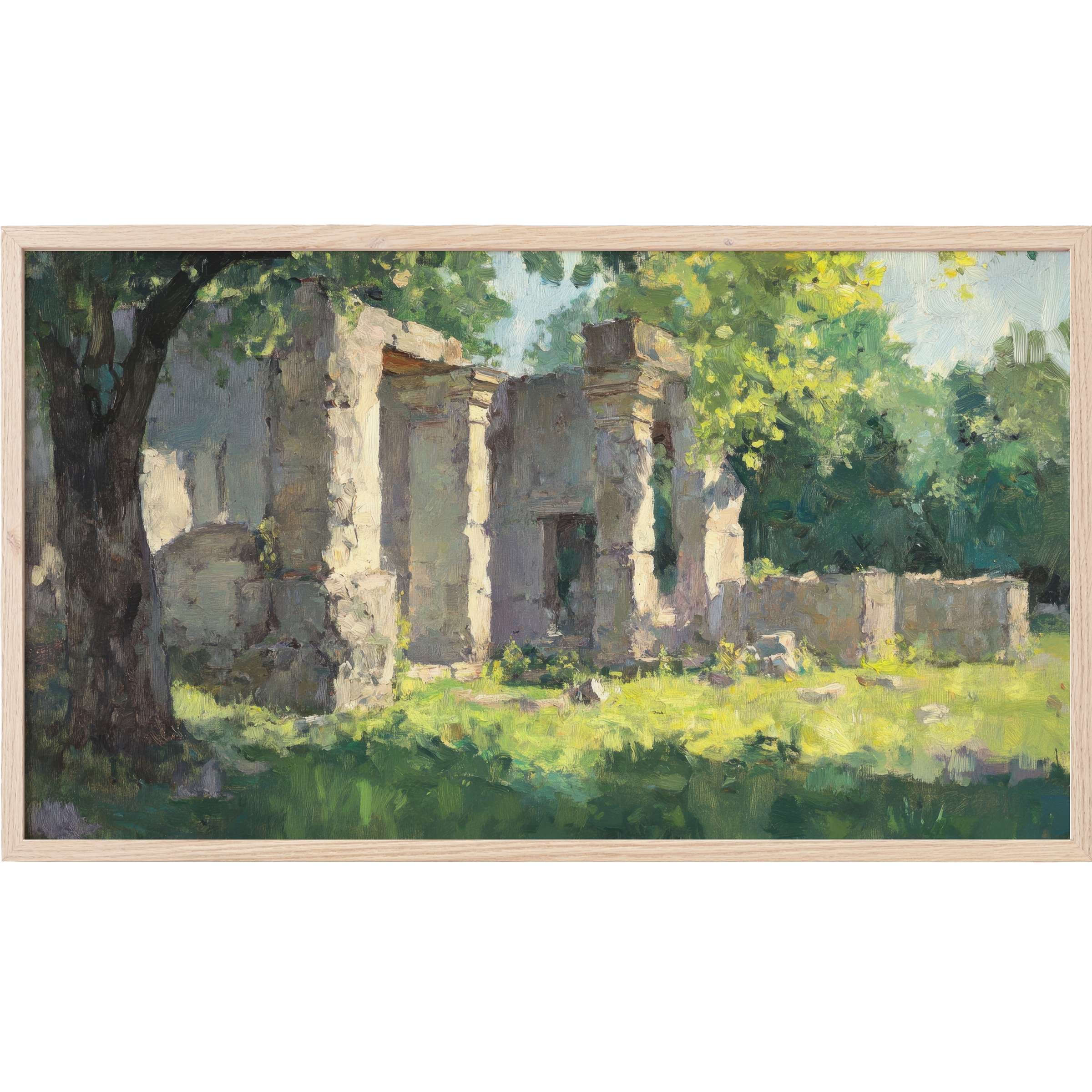 Vintage Frame TV Art depicting sunlit ancient ruins with lush greenery in soft, textured brushstrokes and serene earth tones