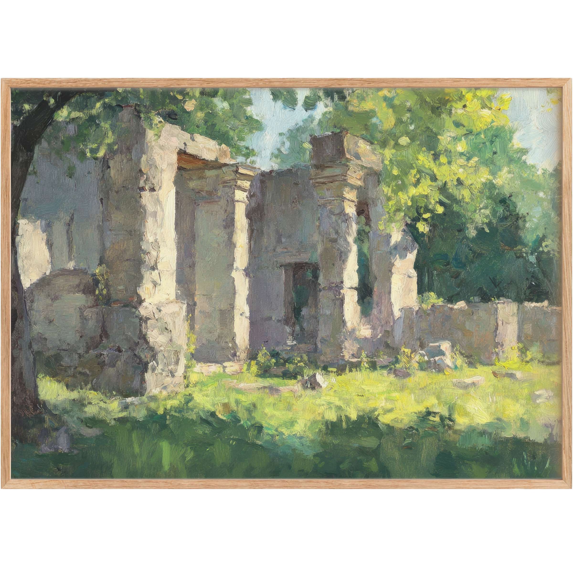 Vintage printable wall art capturing sunlit ancient ruins bathed in soft greens and warm stone hues, evoking timeless tranquility
