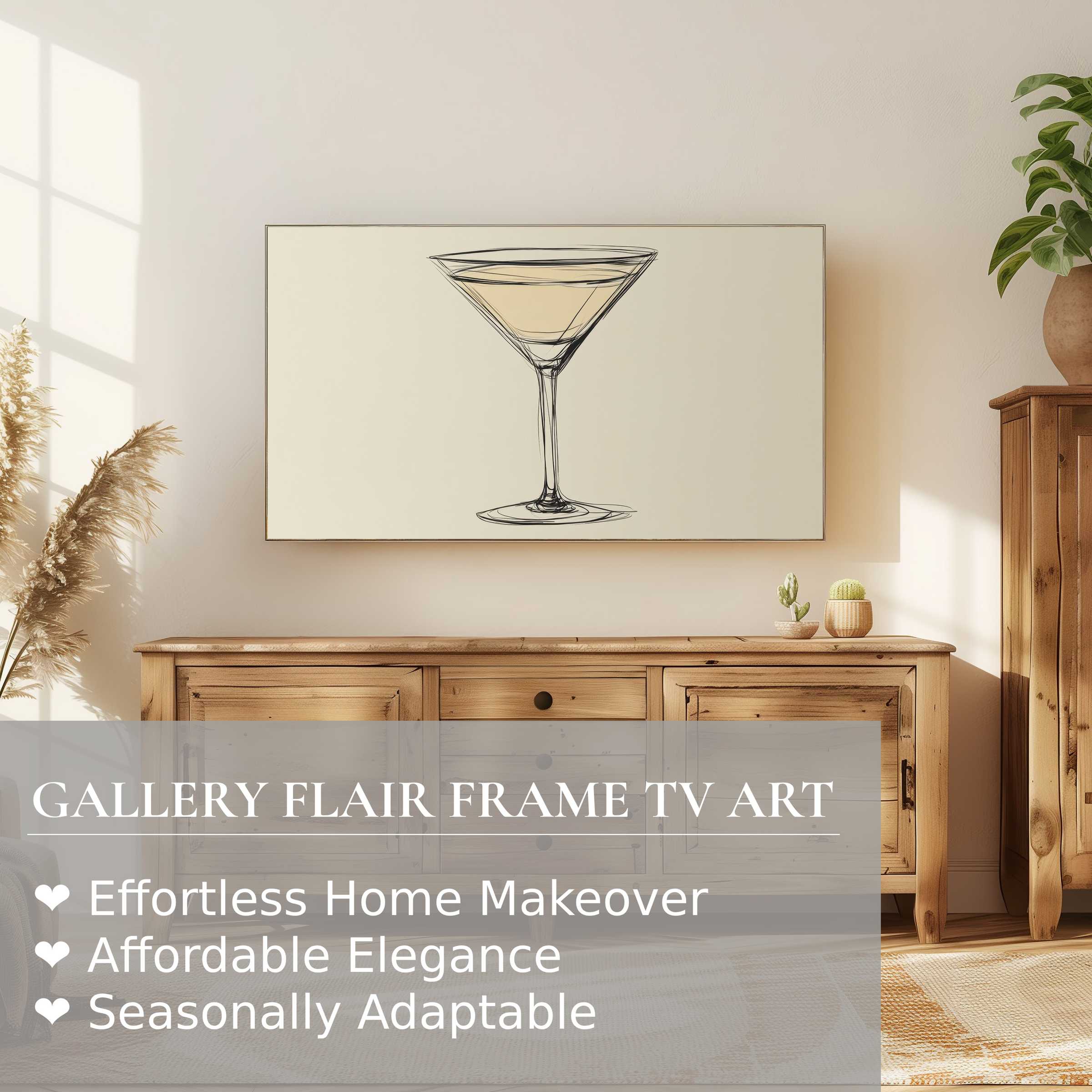 Samsung Frame TV displays minimalist digital artwork of a sketched cocktail glass in a warm, elegant living room setting