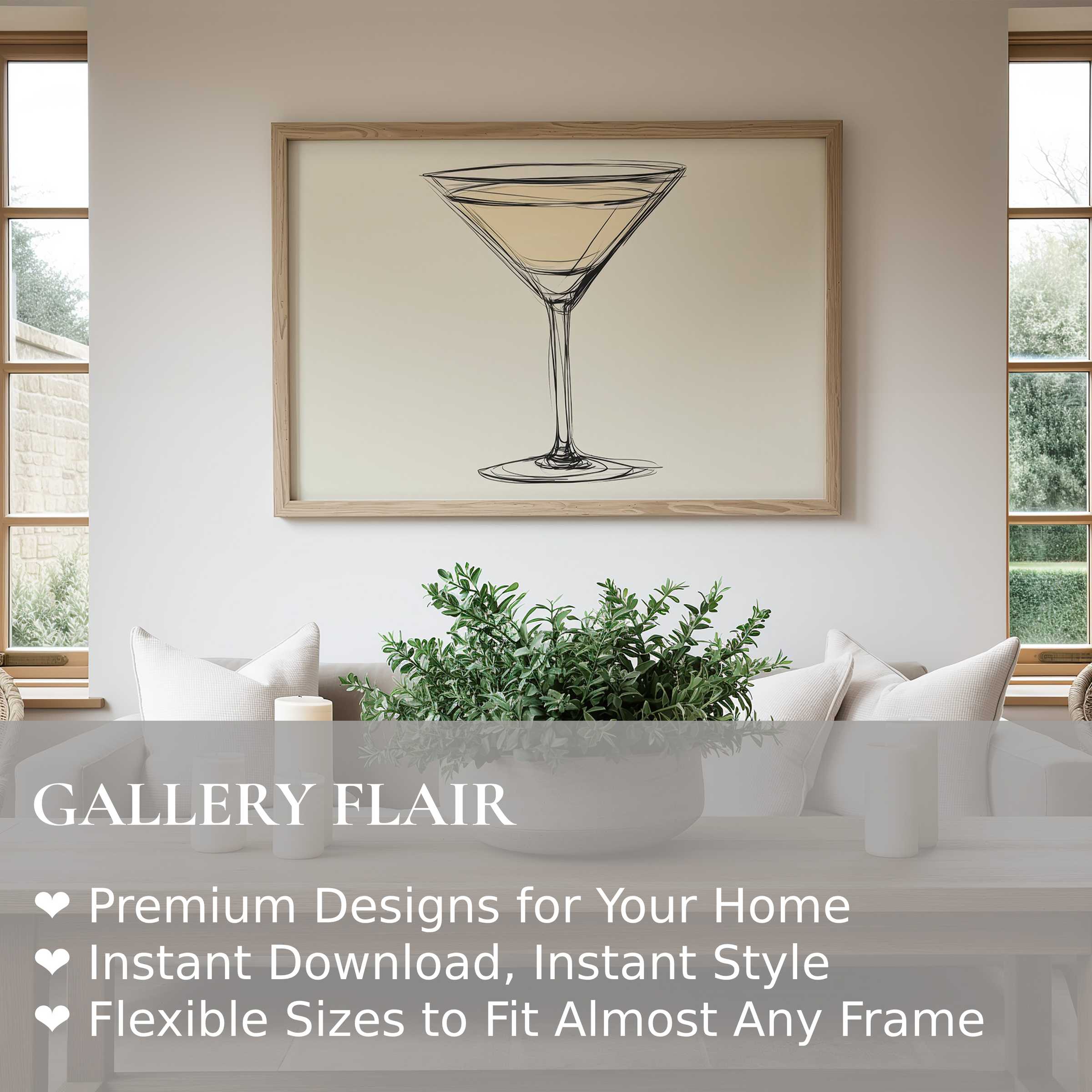Minimalist wall art print featuring an elegant martini glass sketch, enhancing airy modern interiors with subtle sophistication and calm