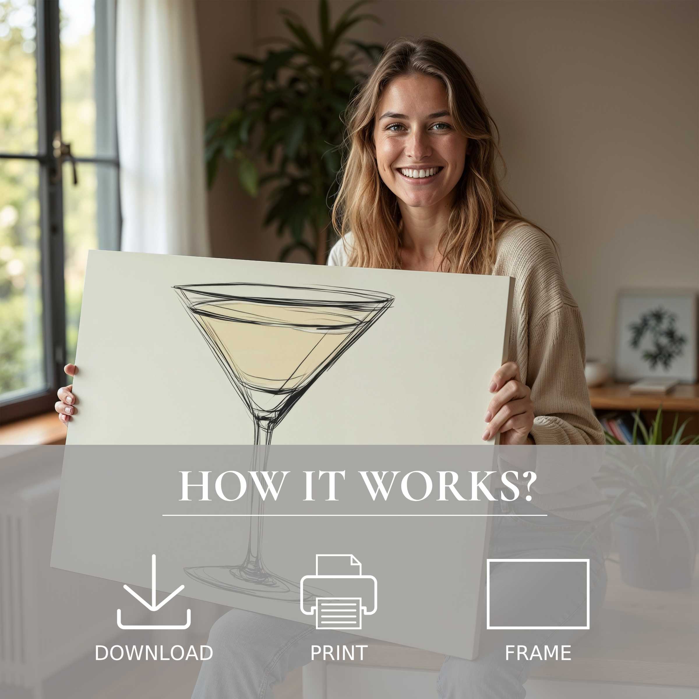 Joyful woman in a modern home sharing a minimalist digital art print, embodying effortless elegance and serene living