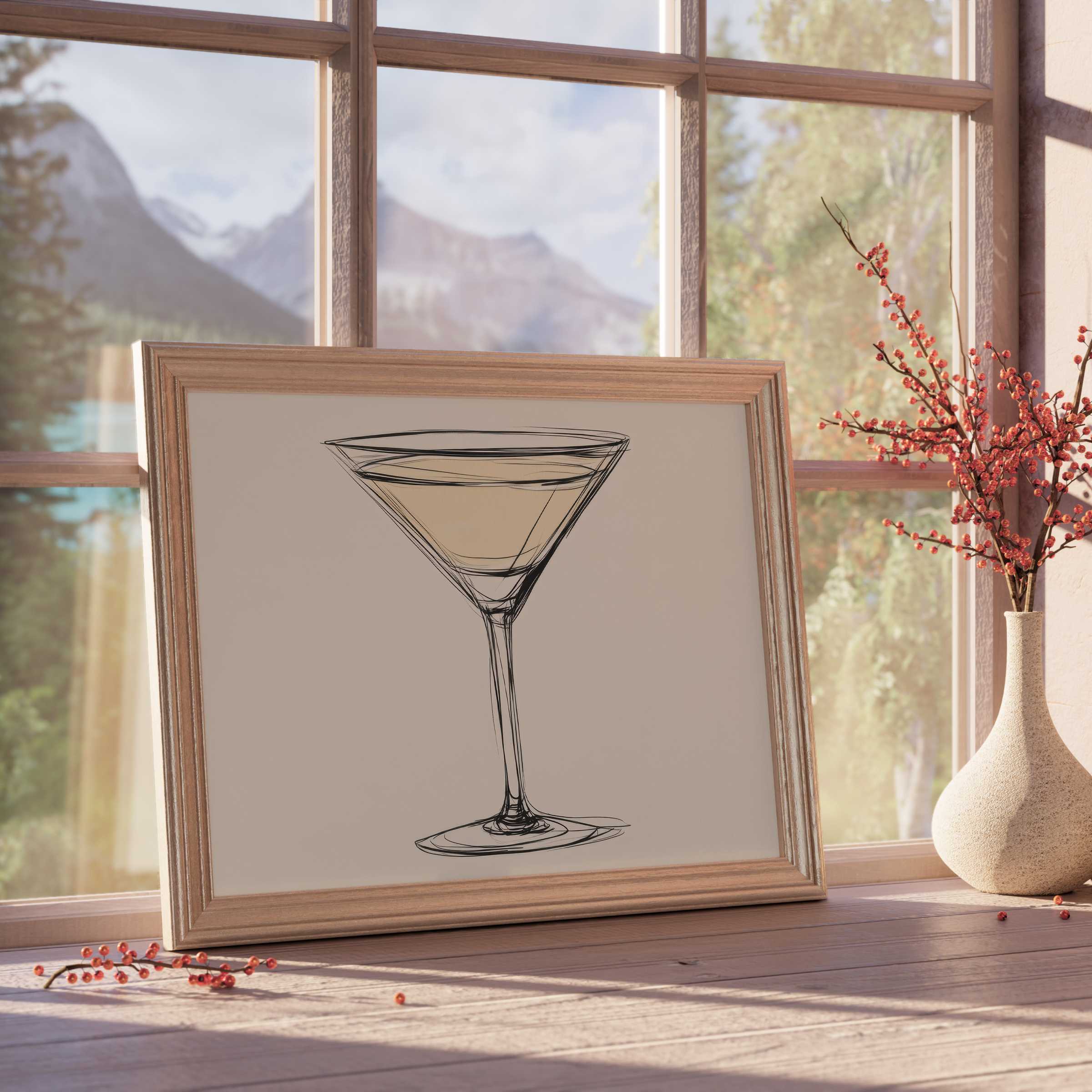 Minimalist downloadable art featuring a delicate martini glass sketch, elevating serene and curated modern interiors with chic simplicity