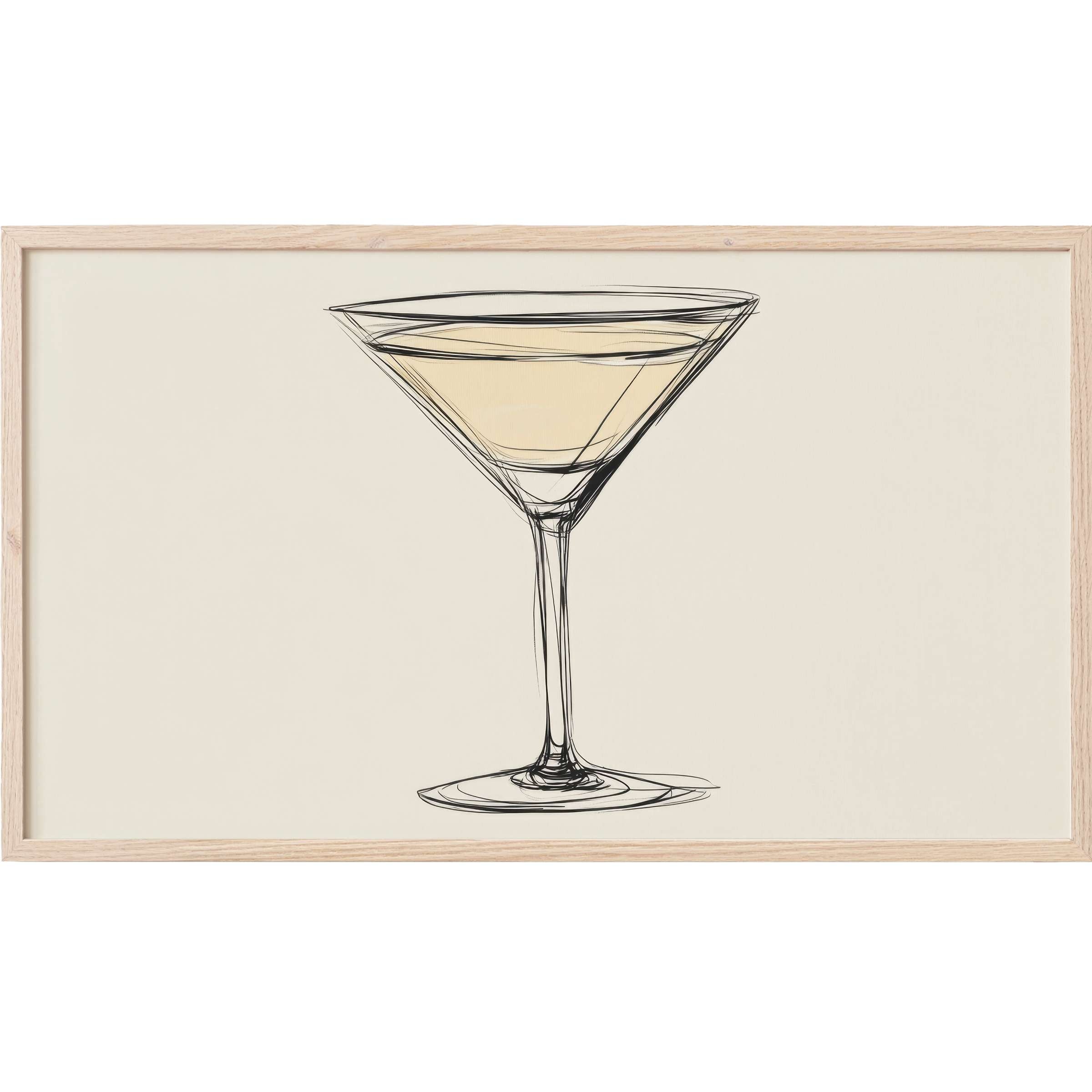 Minimalist Frame TV Art features a delicate black sketch of a cocktail glass with soft beige tones