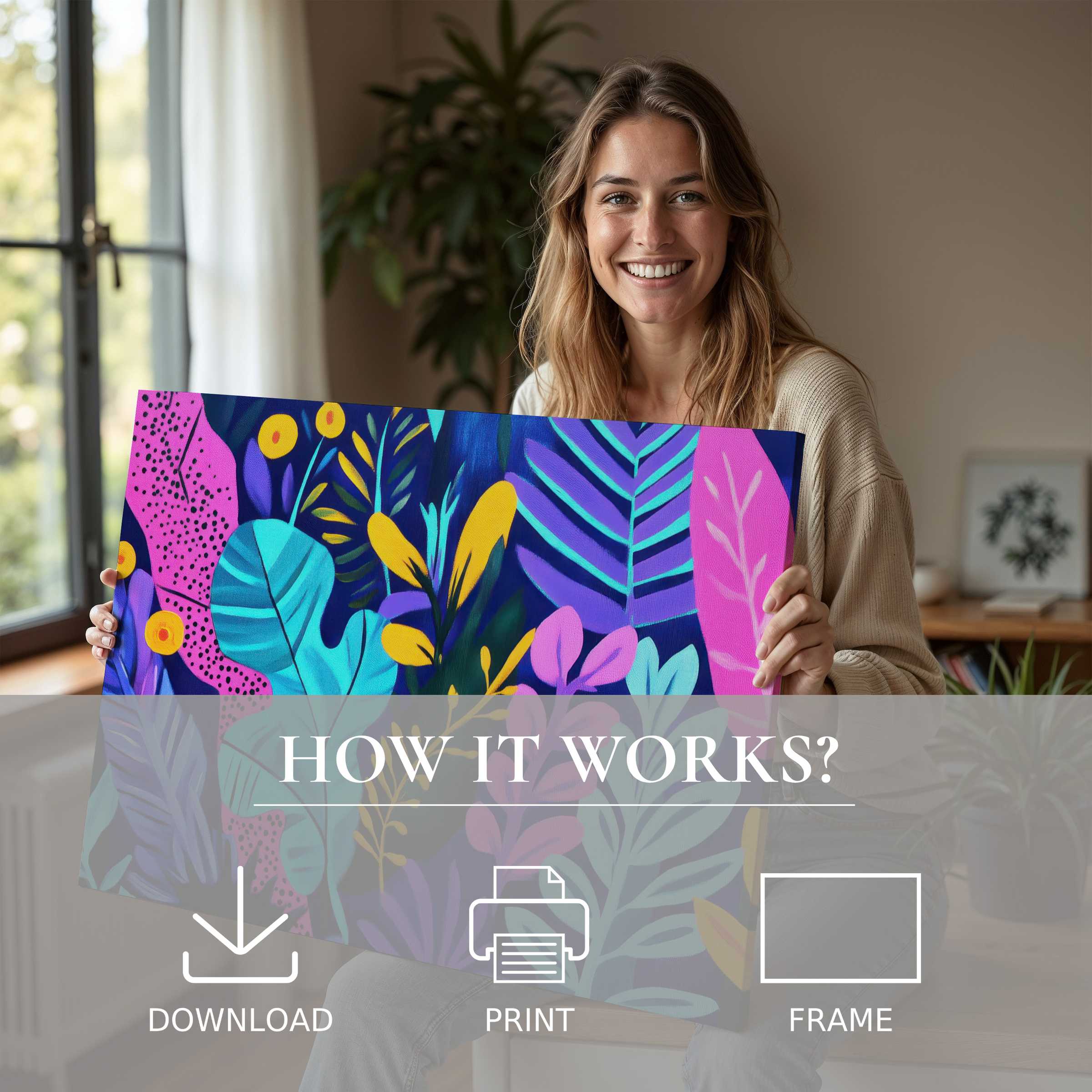 A radiant moment of connection with vibrant pop art digital art print, enriching a stylish modern home with joy