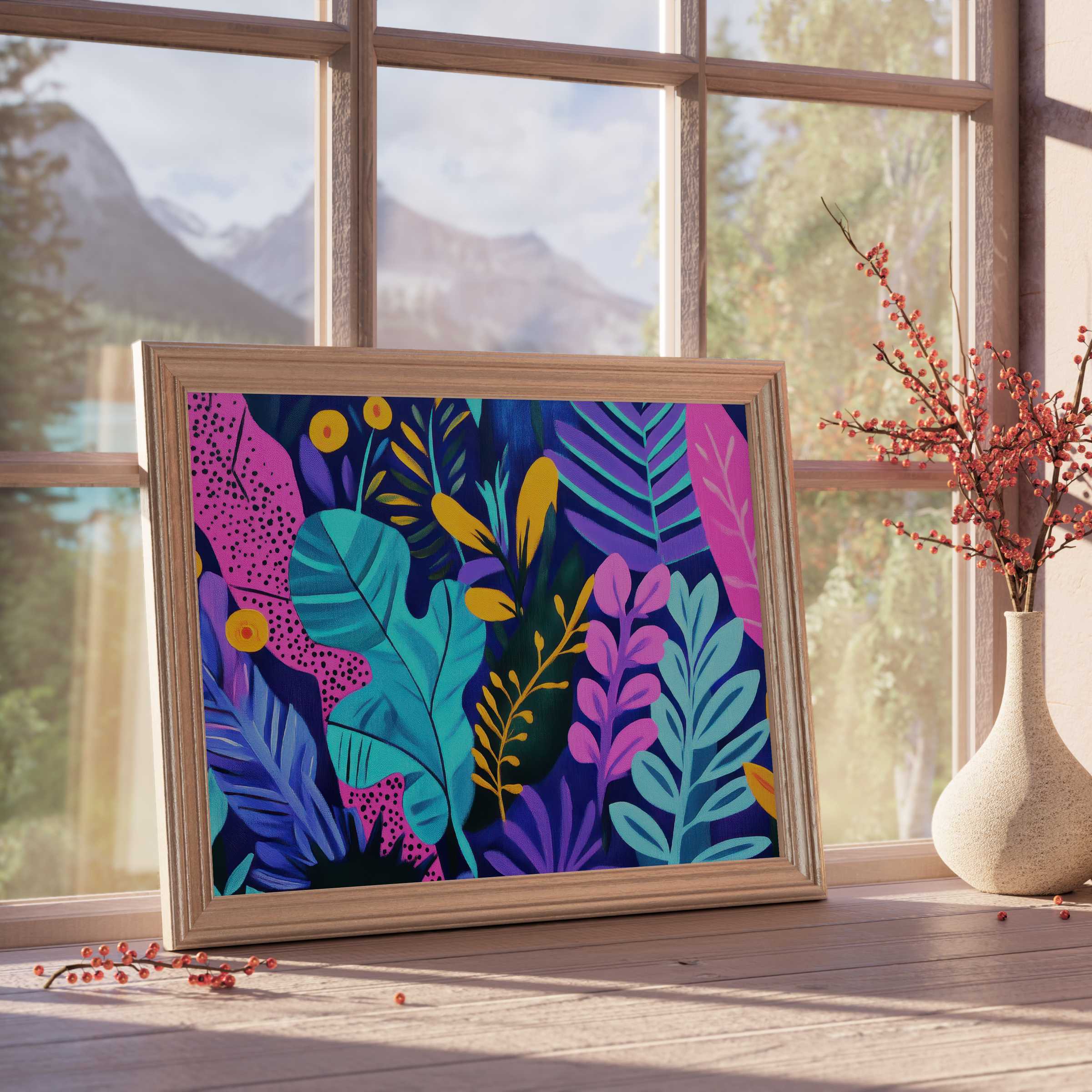 Vibrant pop art downloadable art with lush tropical leaves in deep blues, purples, and golds, perfect for curated, modern interiors