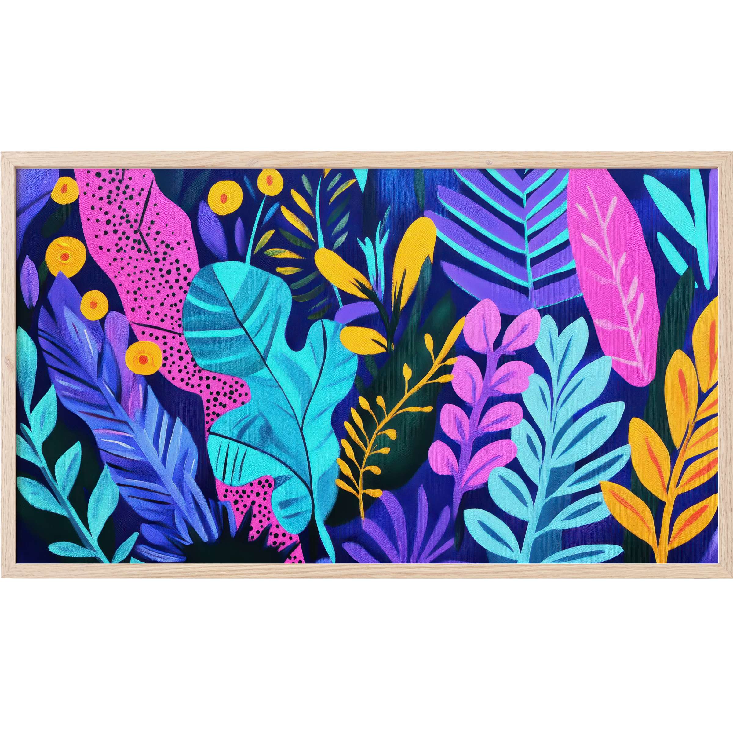 Vibrant botanical composition in bold blues, purples, pinks, and yellows, a striking pop art Frame TV Art piece