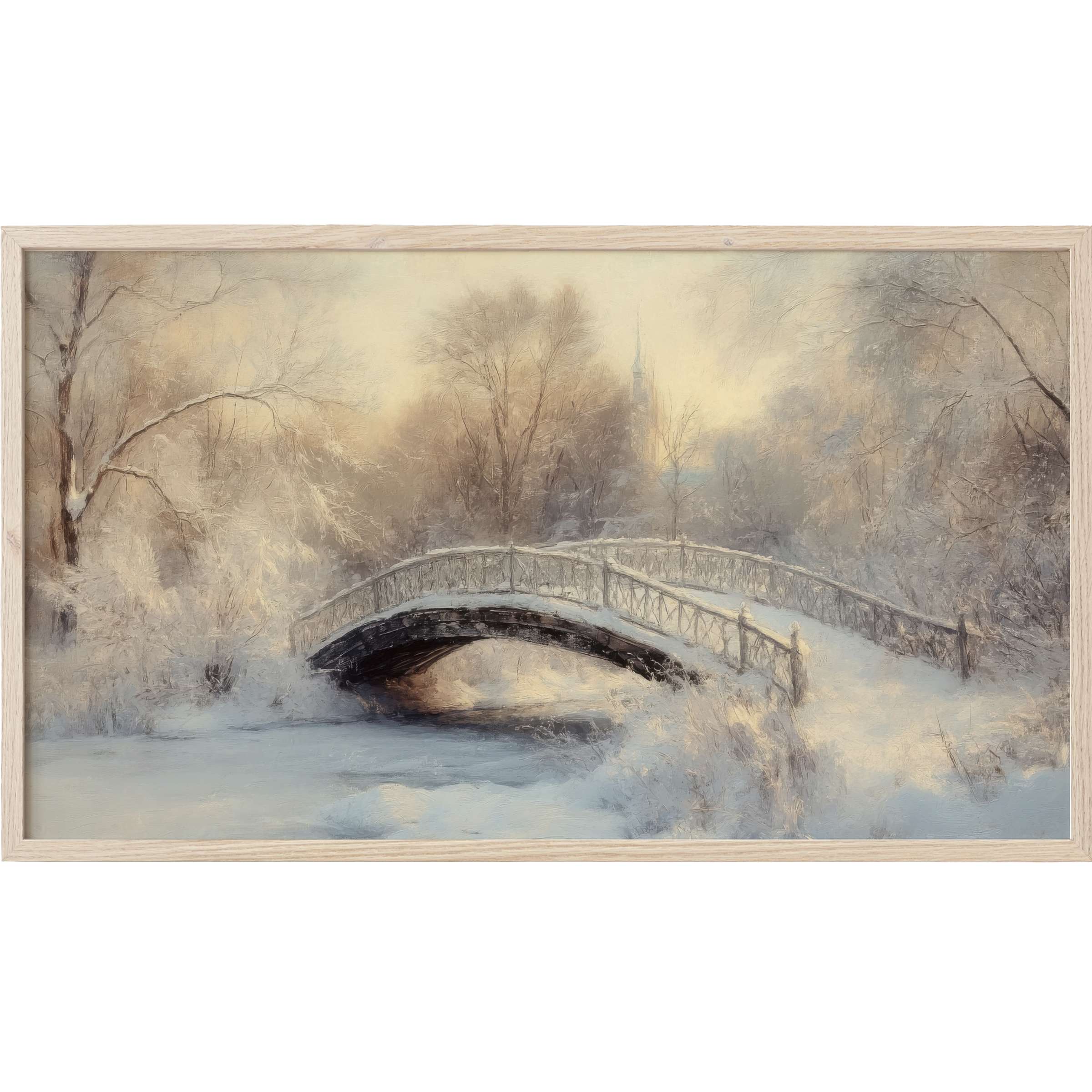 Winter Frame TV Art: serene snowy bridge scene in soft whites, muted browns, and gentle grays with impressionistic texture