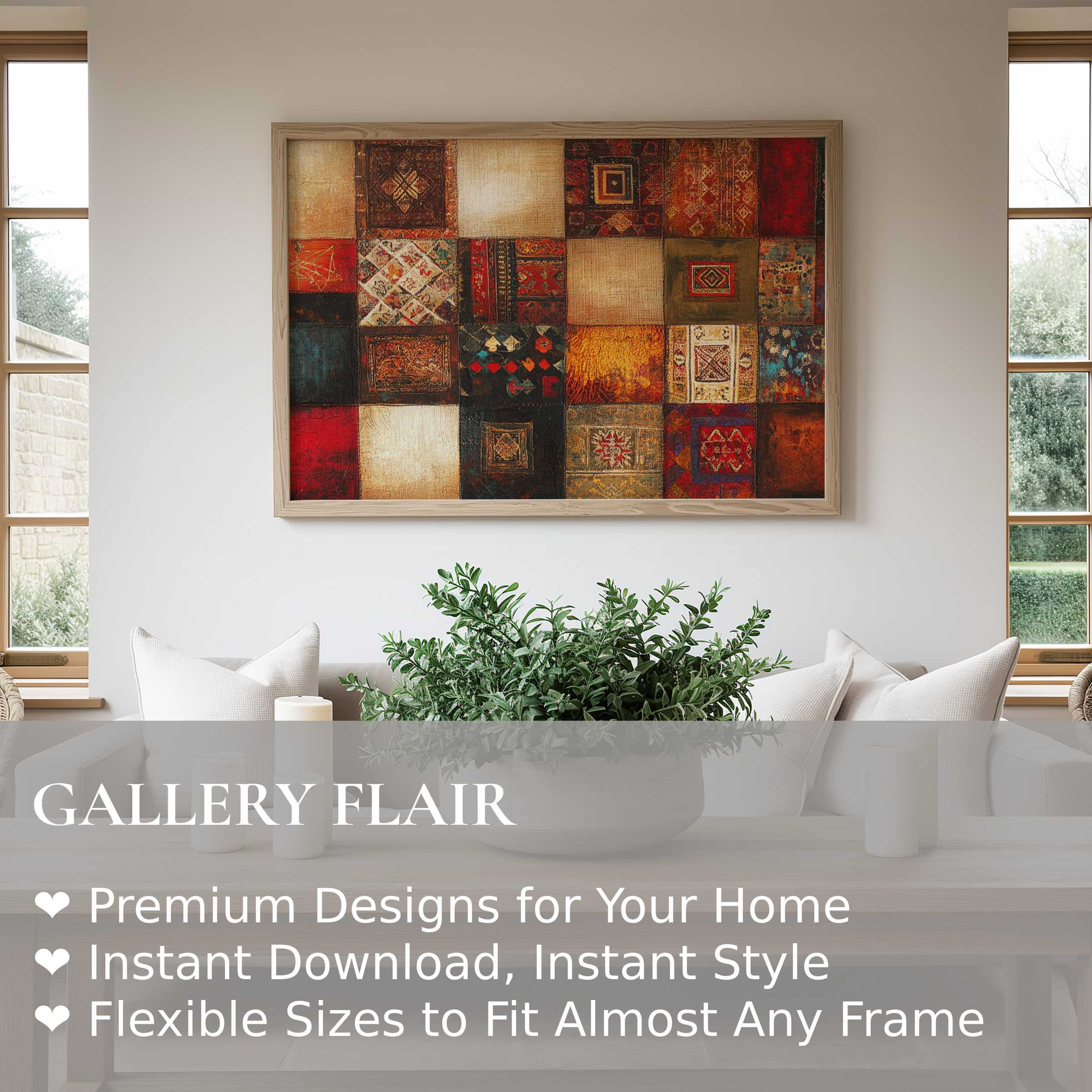 Boho wall art print with warm patchwork tones creates a radiant, earthy focal point in a chic, calming modern living room
