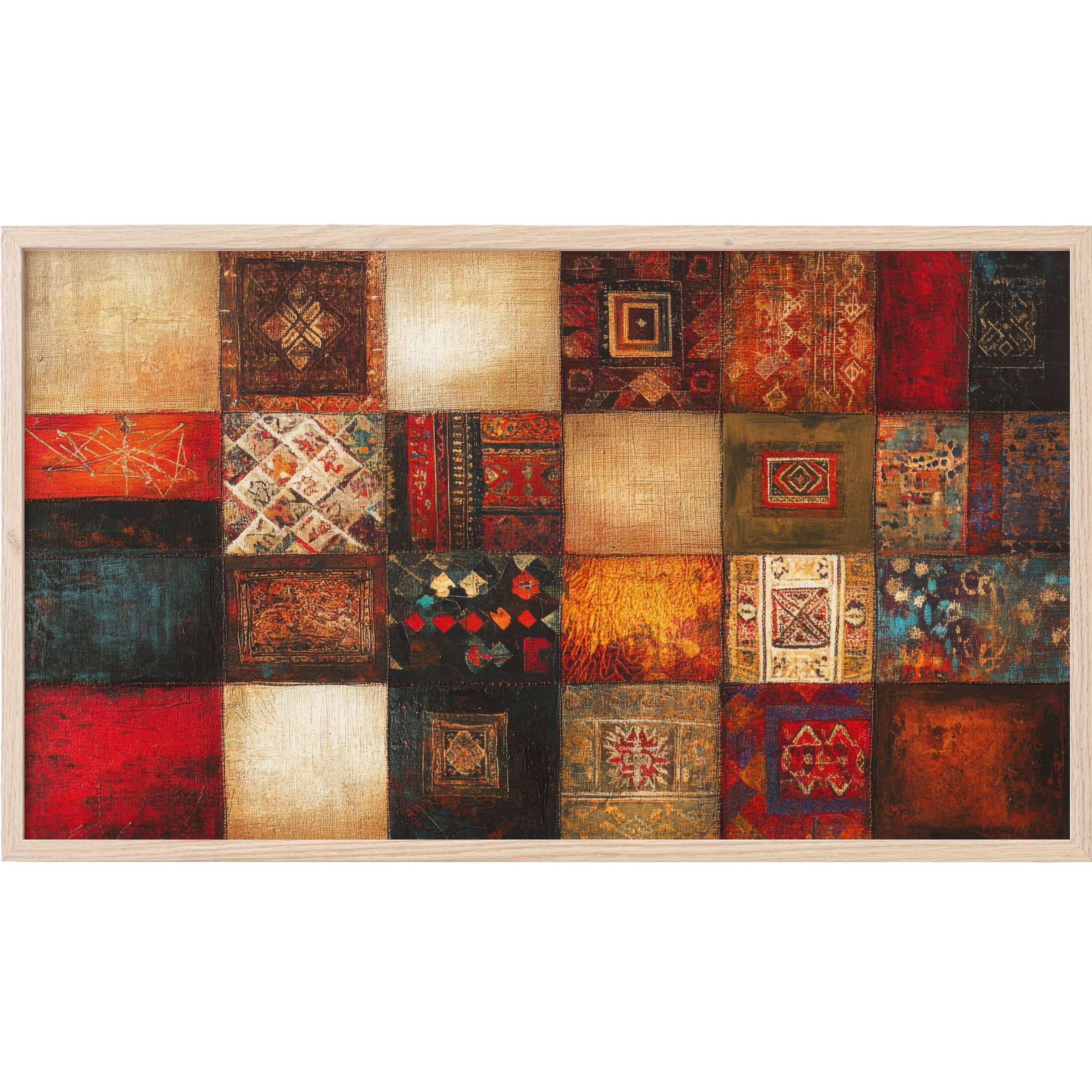 Boho Frame TV Art featuring patchwork of warm earthy tones and intricate patterns in a modern, textured style