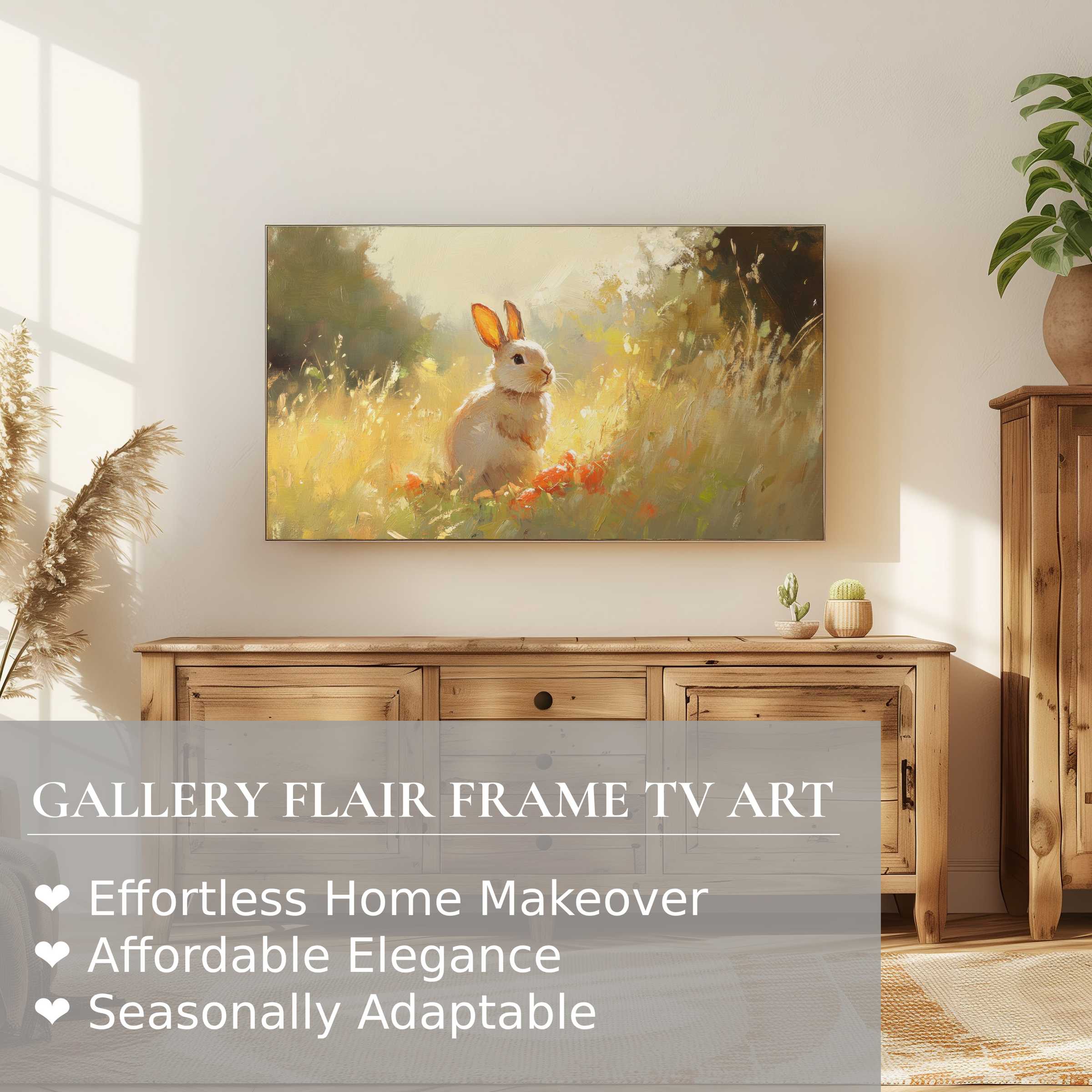 Samsung Frame TV displaying elegant easter digital artwork of a soft-lit rabbit in a sunlit meadow