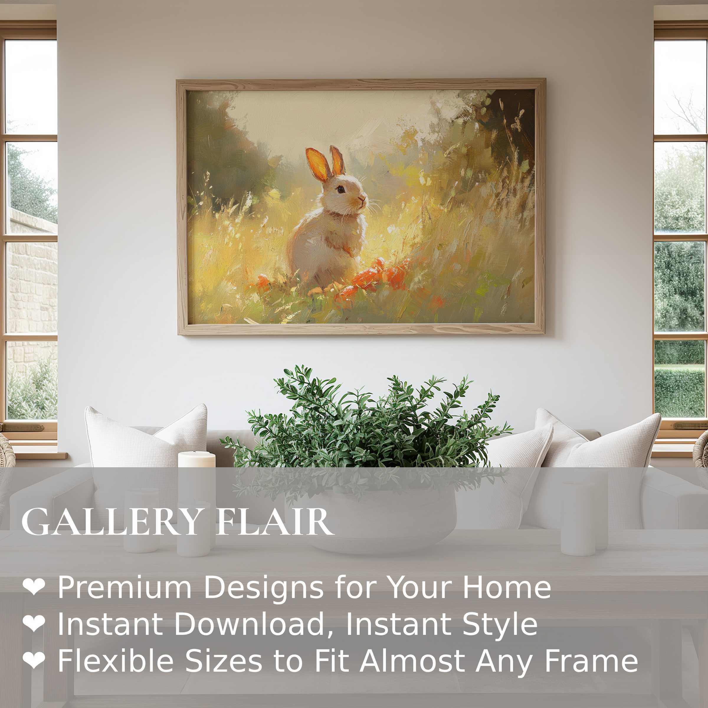 Easter wall art print featuring a radiant rabbit in sunlit meadow tones, enhancing serene, modern farmhouse interiors