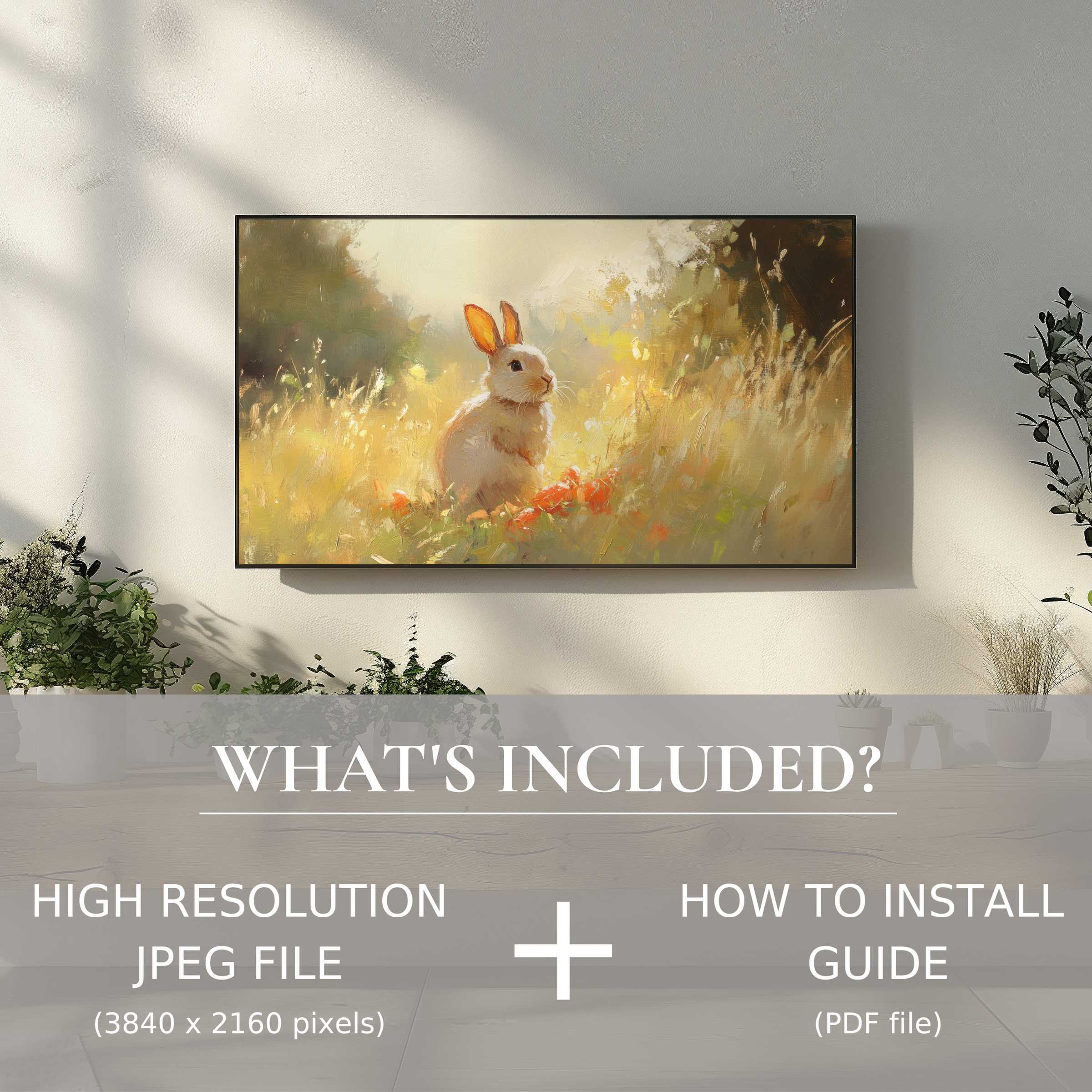 Elegant living with easter digital TV art download featuring a charming bunny, easy to install, brightening your space