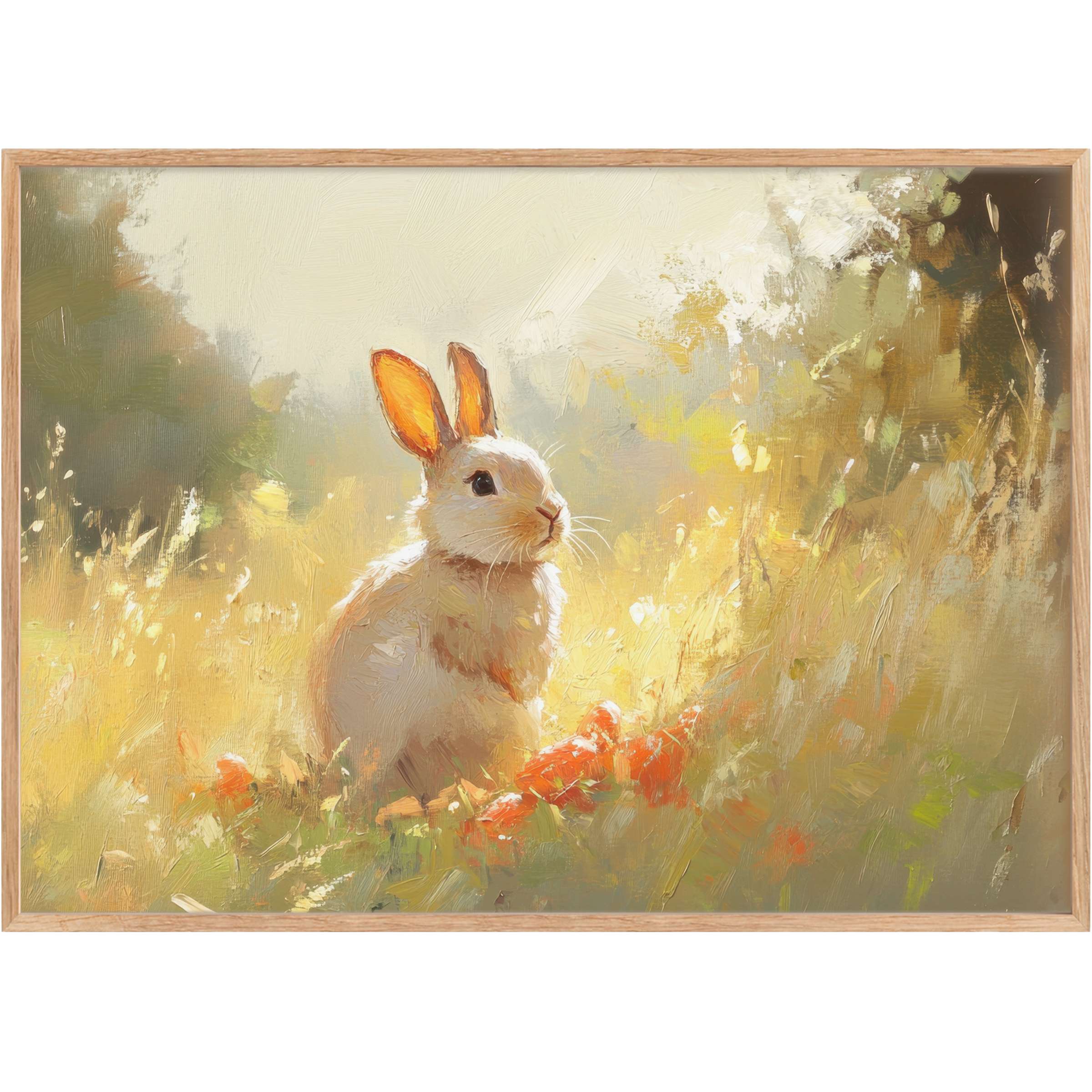 Radiant easter printable wall art capturing a soft-hued rabbit amid golden fields, evoking warmth and serene spring elegance