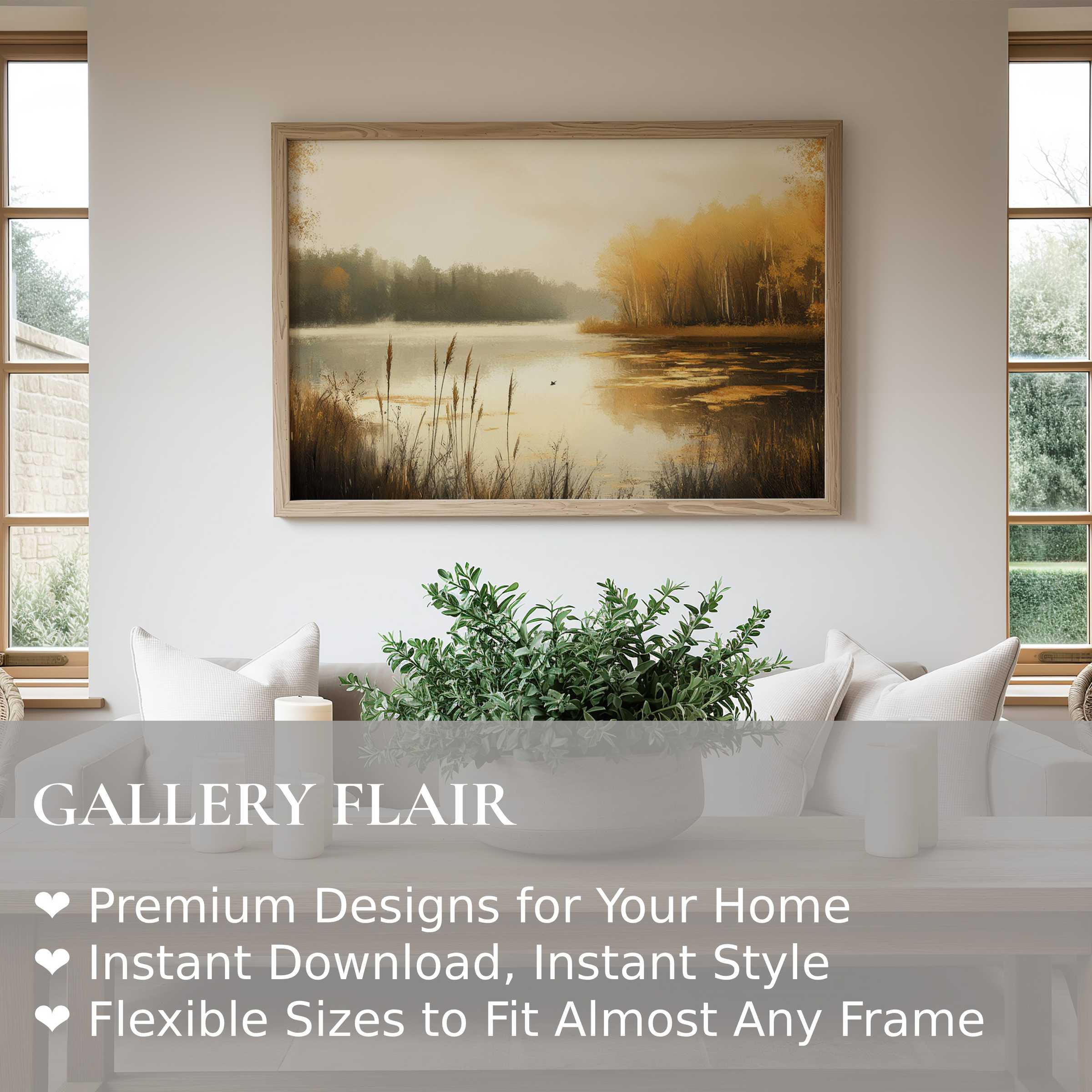 Elegant fall wall art print with golden foliage and serene lake, enhancing modern cozy living rooms with radiant, calming autumn warmth