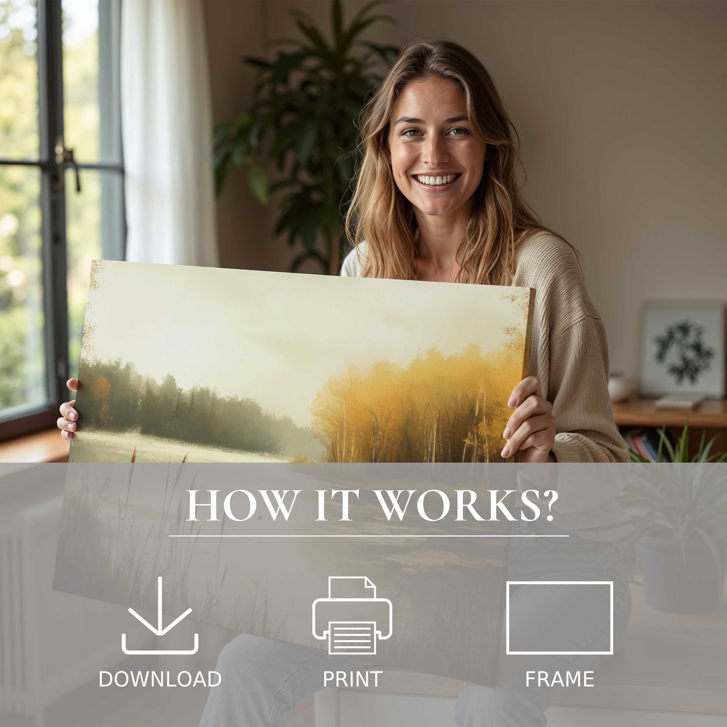 A joyful woman in a stylish modern home embraces a warm fall digital art print, embodying serene beauty and effortless living