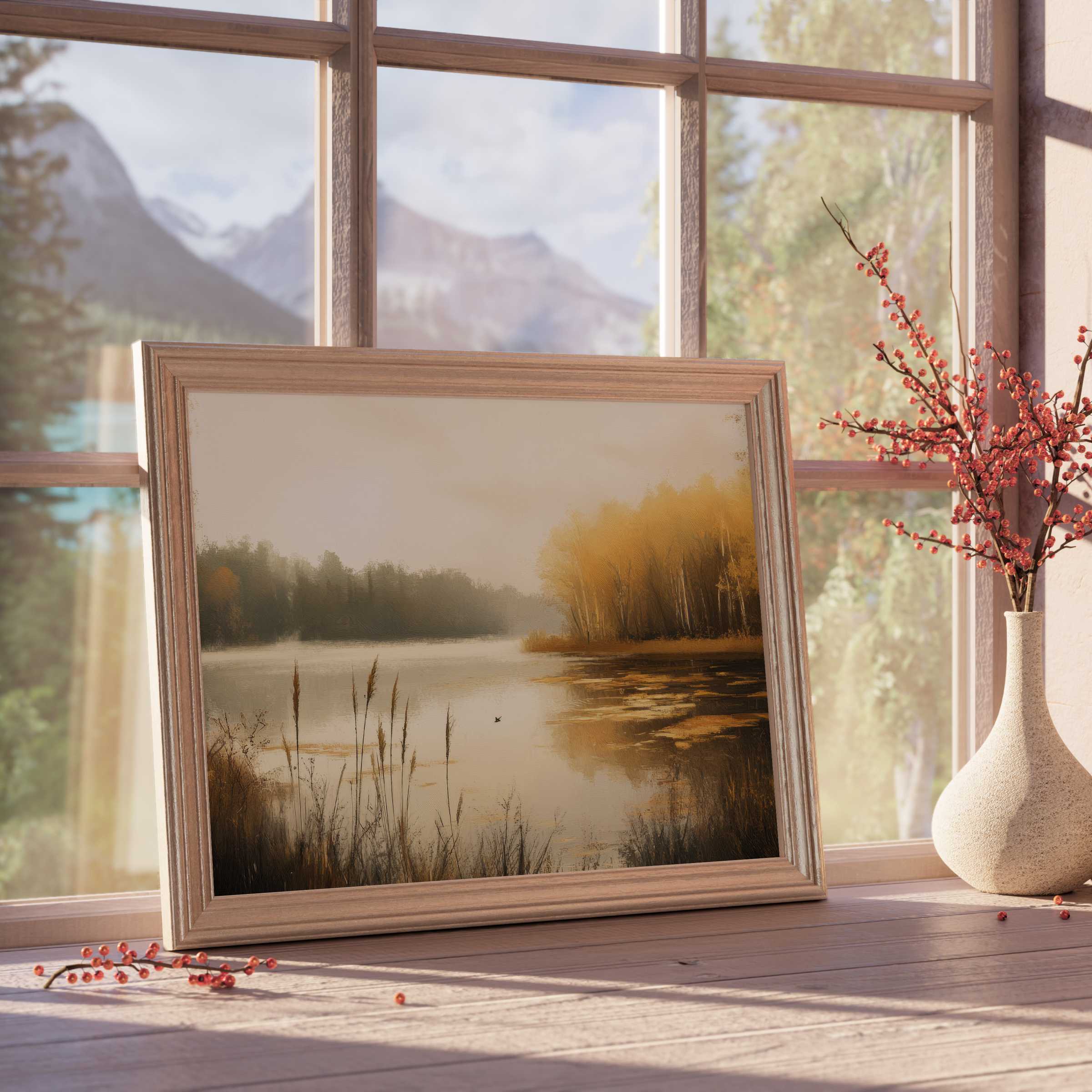 Fall downloadable art capturing a serene autumnal lakeside with golden trees, enhancing tranquil, curated interiors