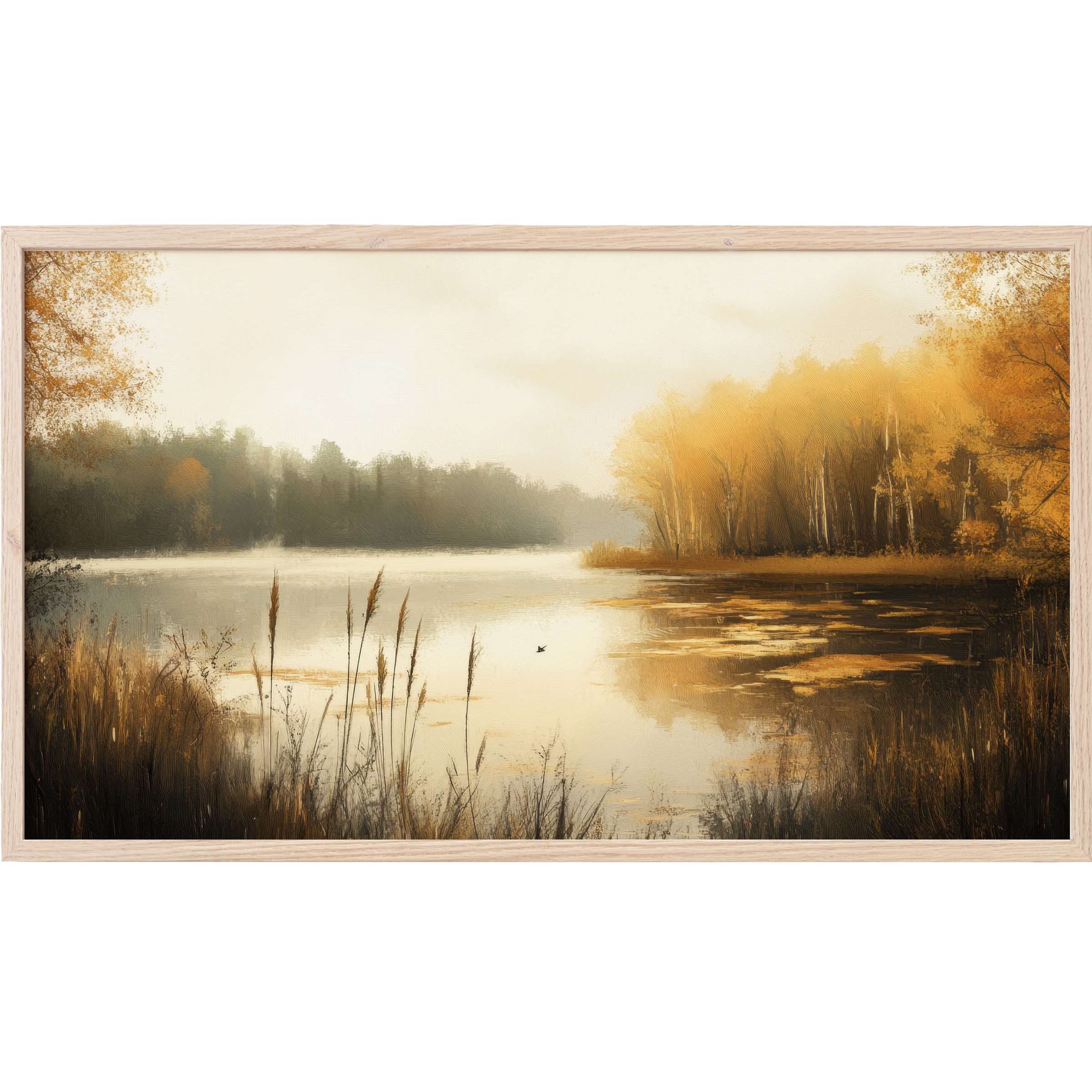 Fall Frame TV Art depicting a serene lake with golden autumn trees, soft light, and elegant natural tones