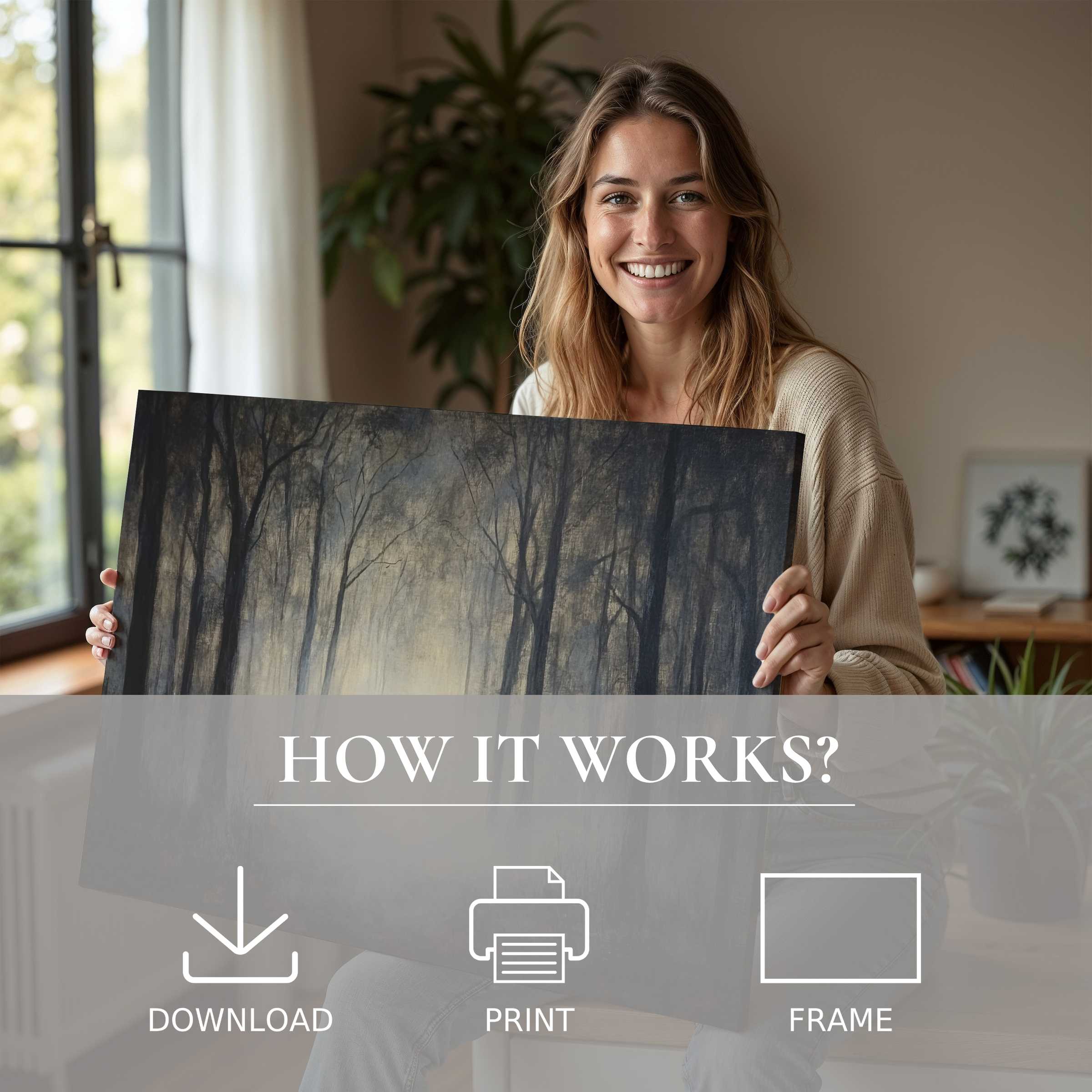 Elegant halloween digital art print evoking serene twilight woods, capturing joy in modern living with effortless style and warmth