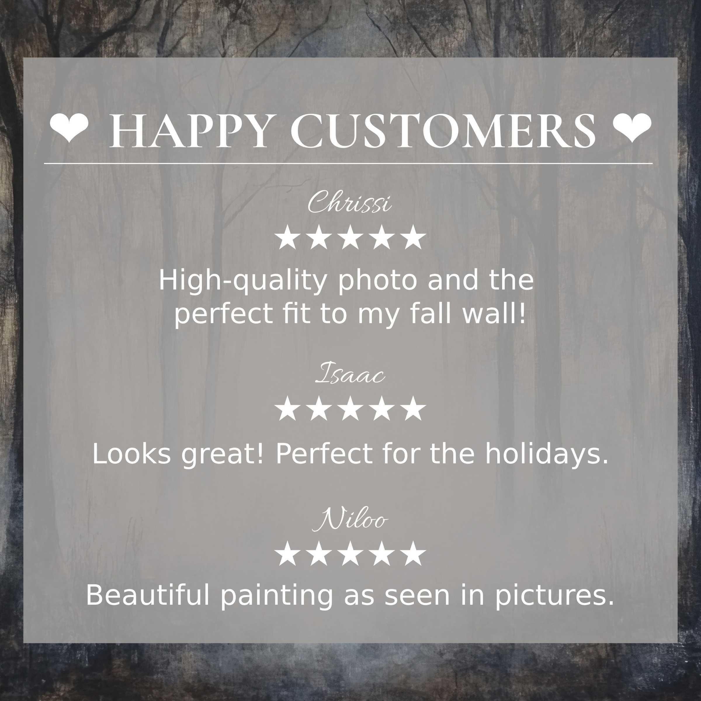 Elegant halloween art for Frame TV with misty forest backdrop, showcasing happy customer reviews and refined trust