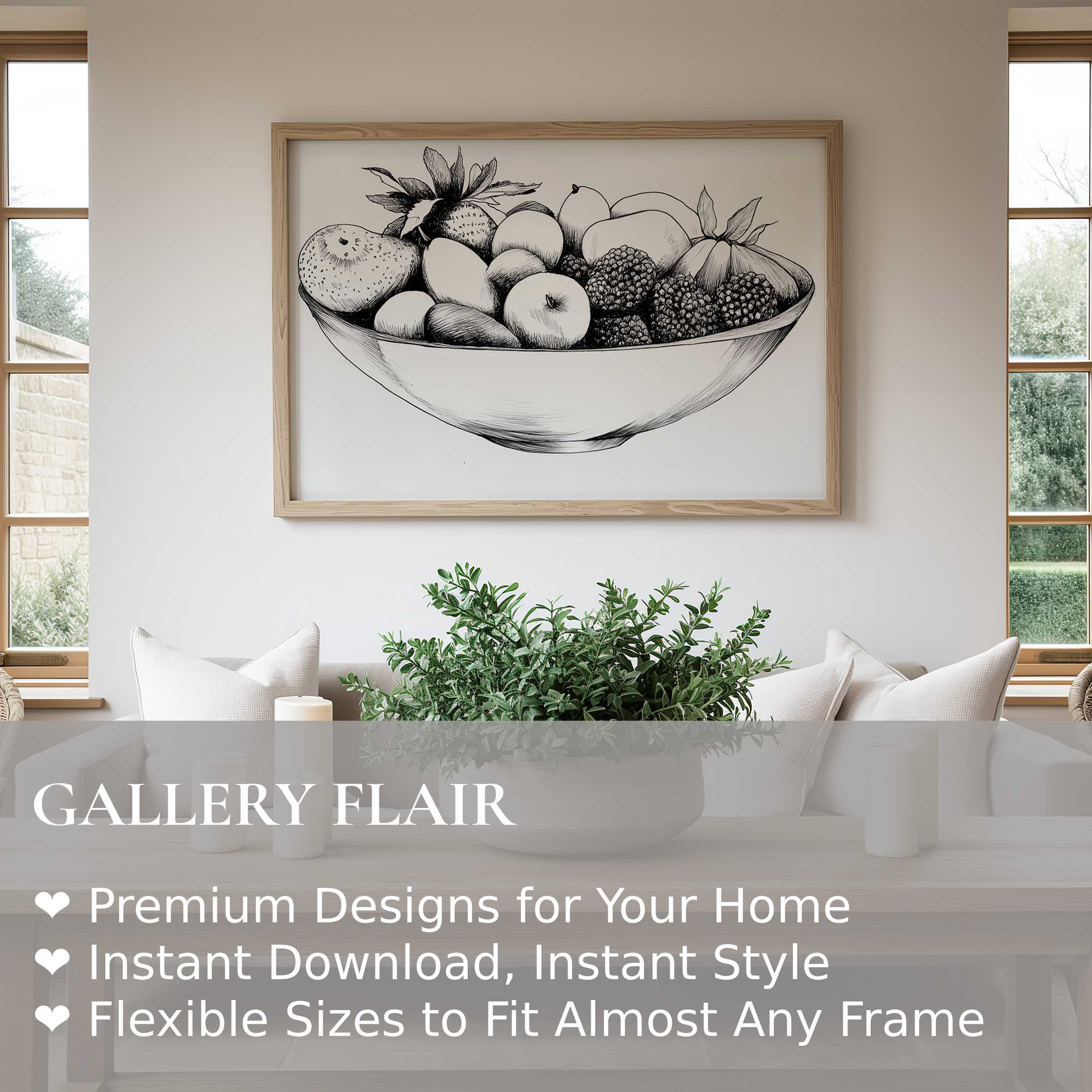 Black and white wall art print featuring a bold botanical fruit bowl sketch, enhancing a modern, serene living space