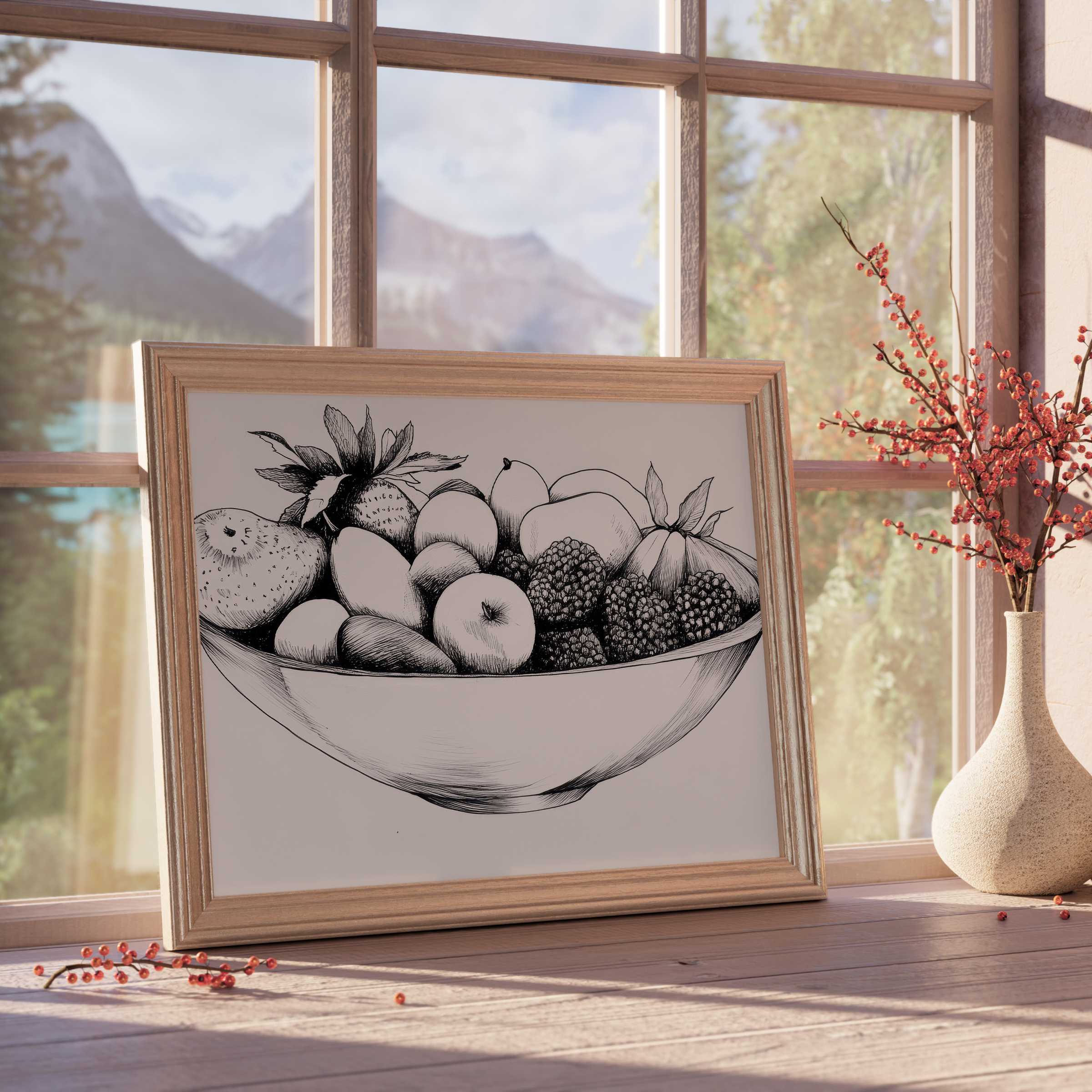Black and white downloadable art featuring a refined fruit bowl sketch, enhancing serene, curated spaces with timeless elegance