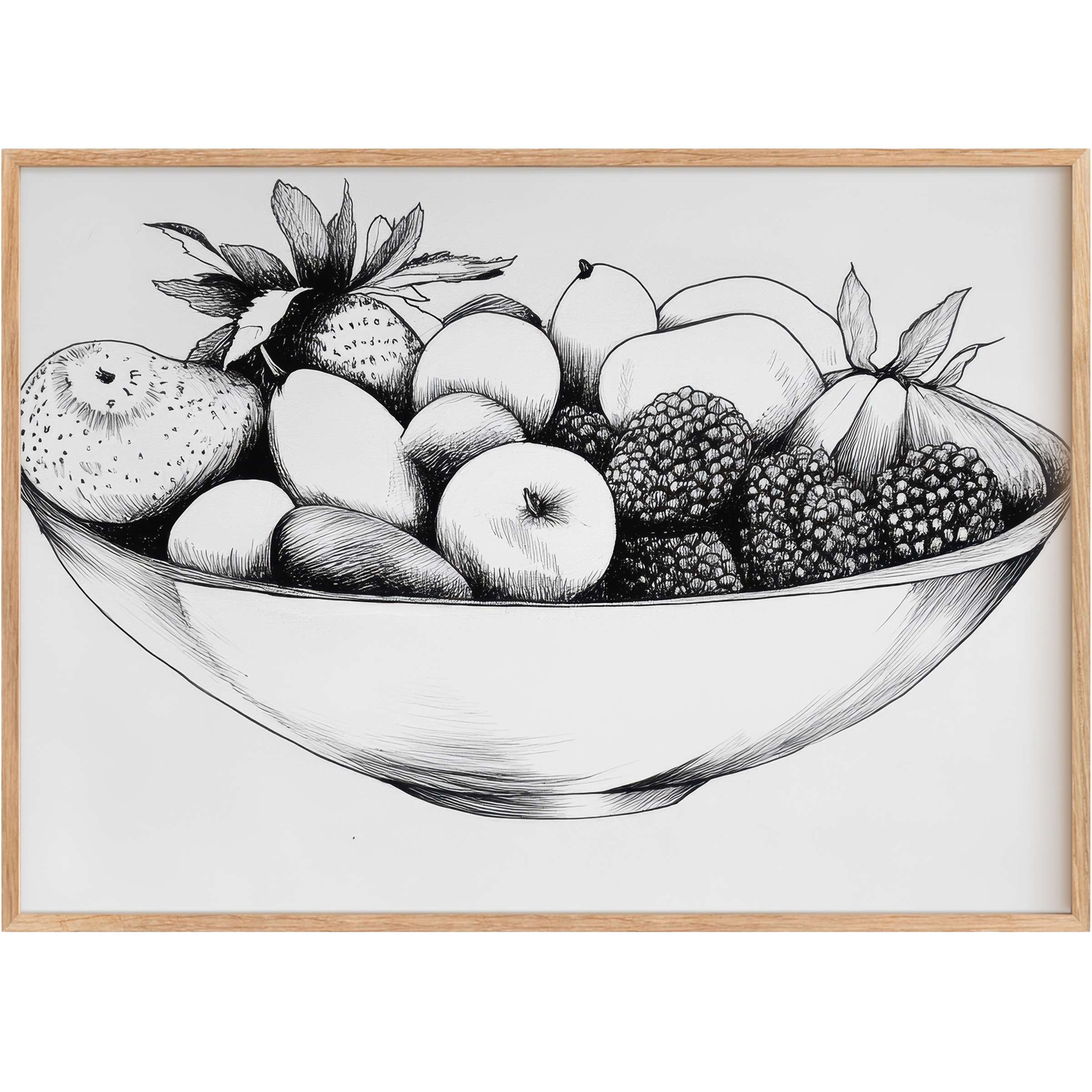 Elegant black and white printable wall art featuring detailed fruit in a sleek bowl, radiating classic calm and refined simplicity