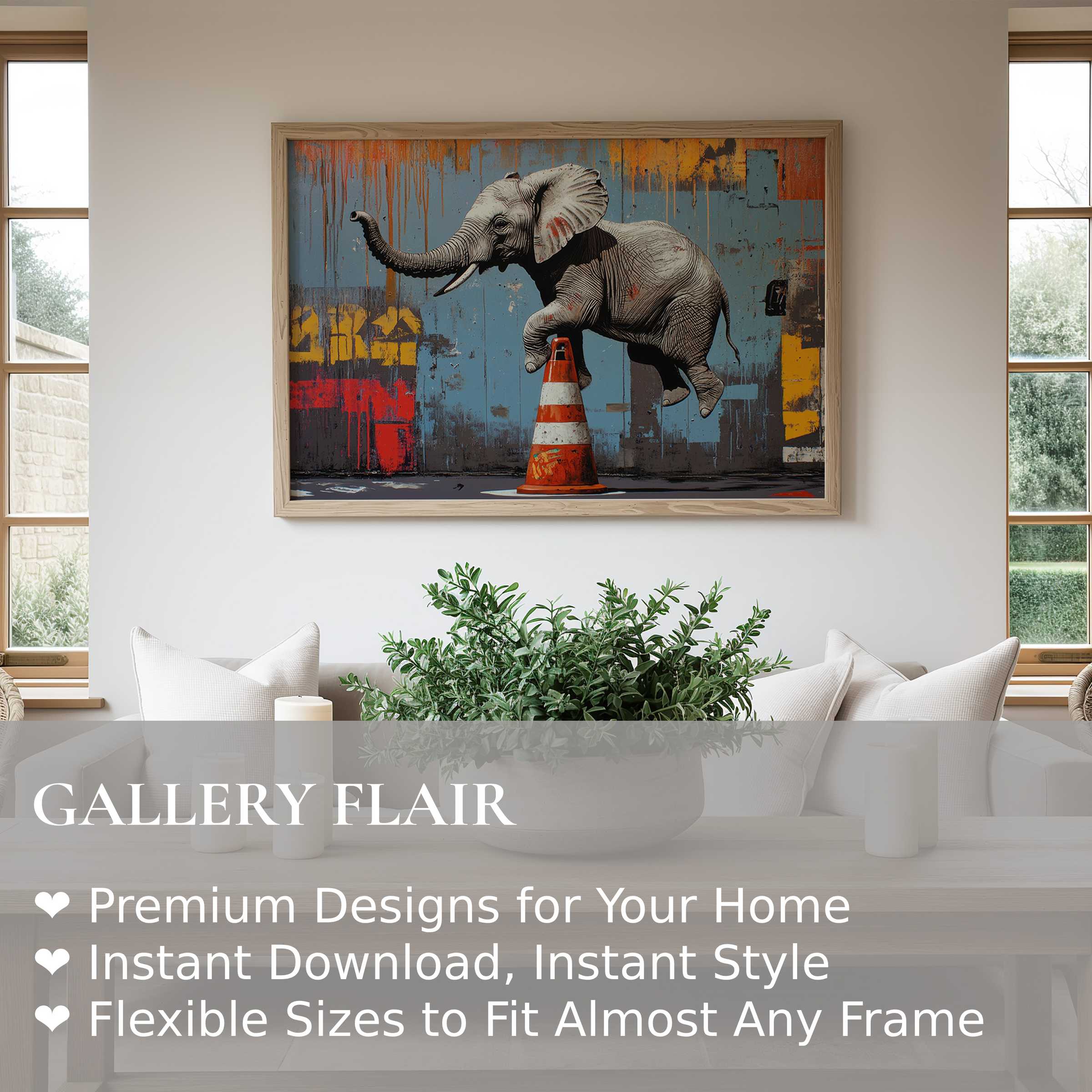 Street art wall art print featuring a bold, whimsical elephant balancing on a traffic cone, enlivening a modern minimalist living space with urban edge and playful sophistication