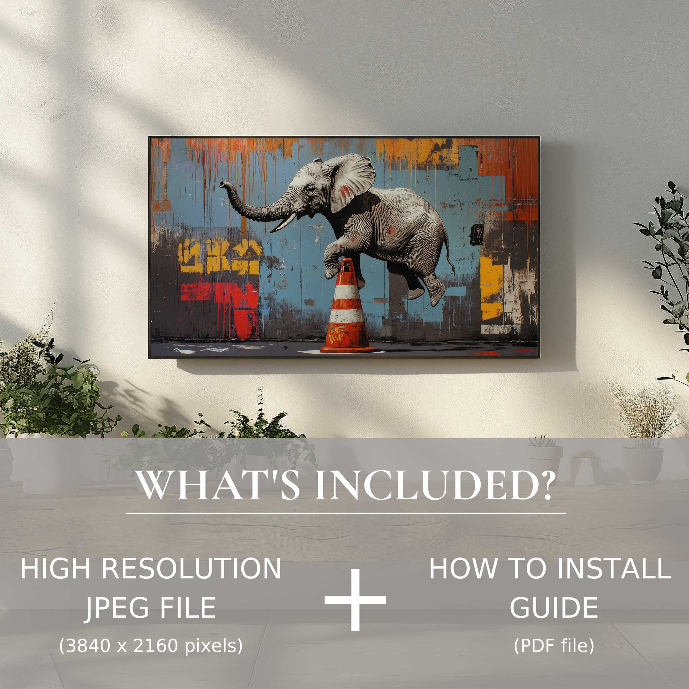 Modern living room featuring street art digital TV art download with easy use, elevating your space with urban elegance