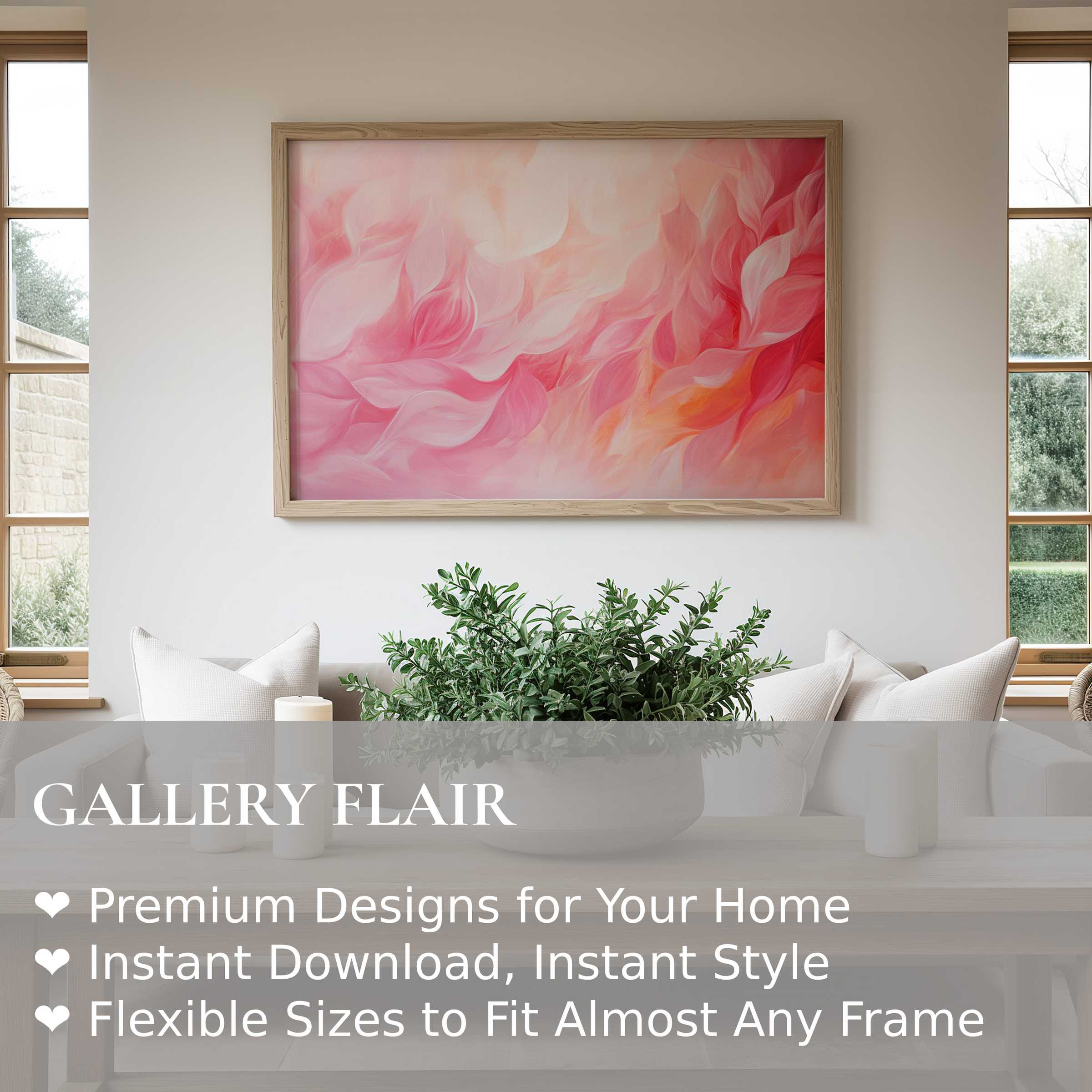 Abstract wall art print featuring soft, radiant pink and coral tones with delicate leaf-like forms, elevating modern minimalist interiors with calming elegance