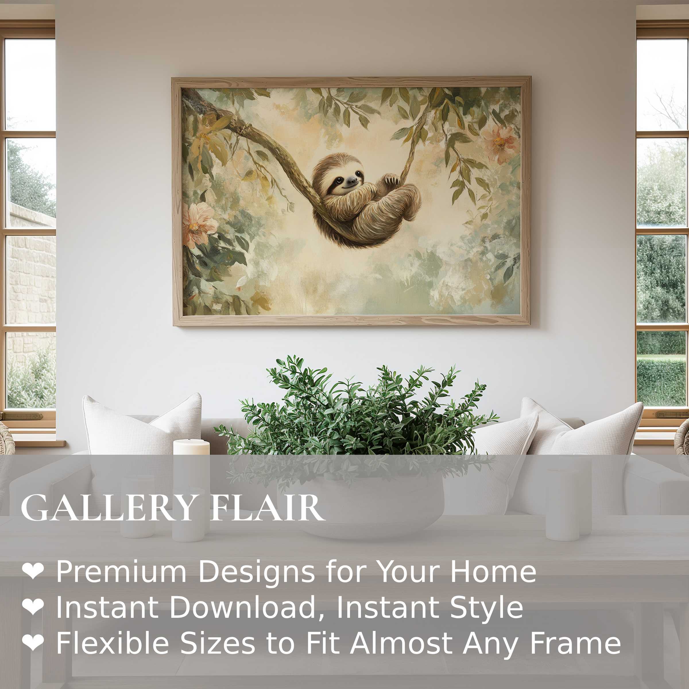 Calming nursery wall art print of a smiling sloth amid soft foliage, enhancing serene, modern nursery interiors with gentle natural charm