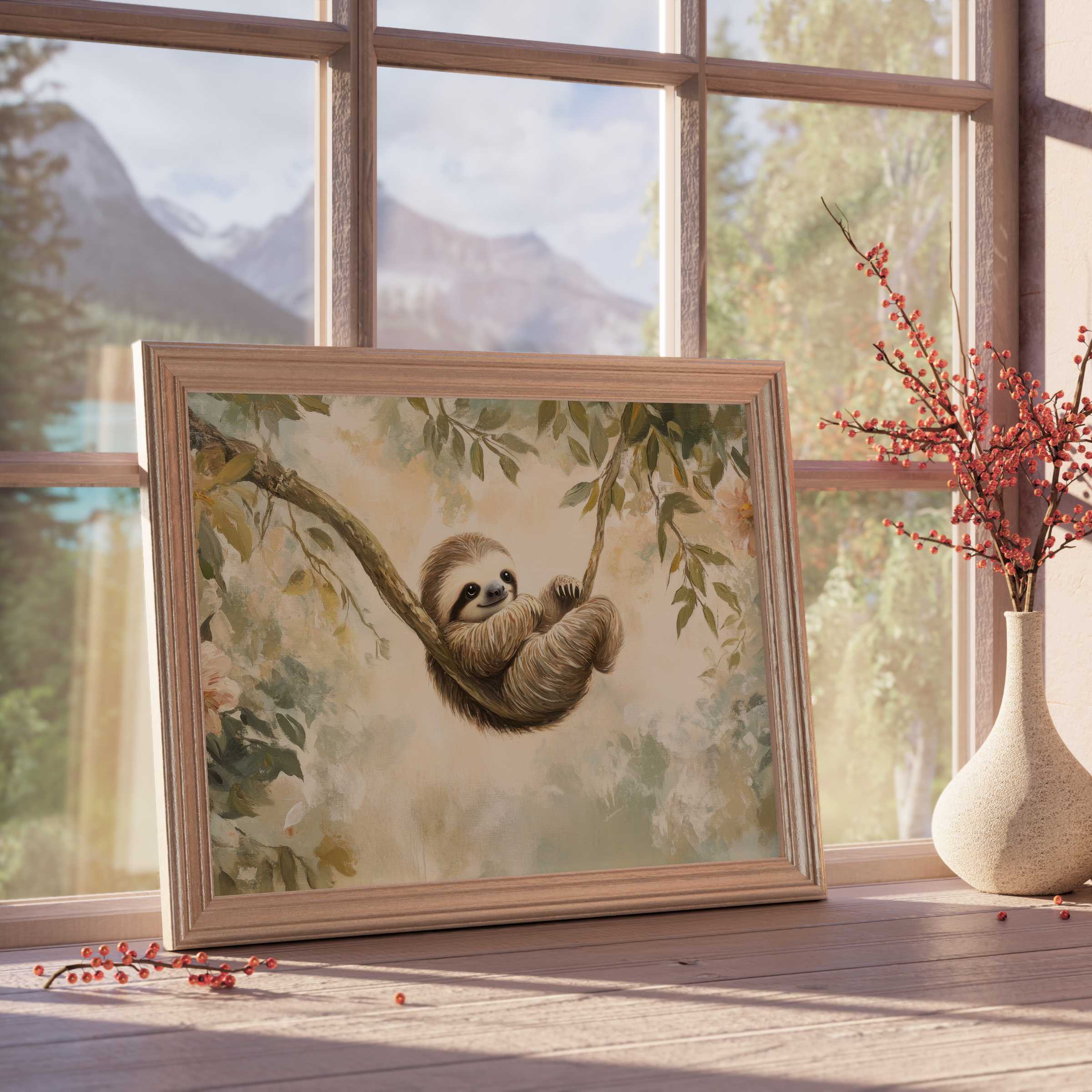 Nursery downloadable art featuring a serene sloth cradled in leafy branches, enhancing calm, curated children's rooms