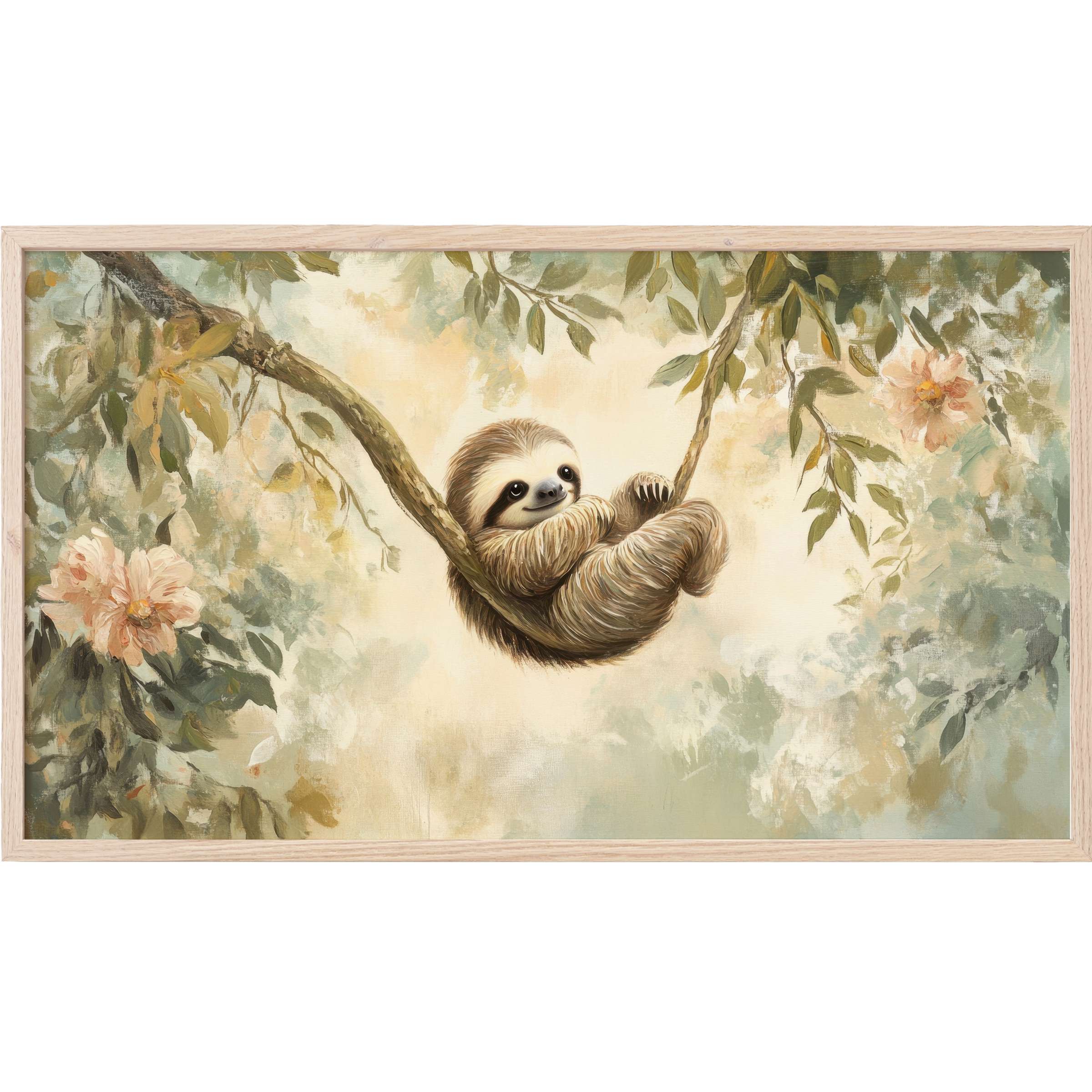 Nursery Frame TV Art featuring a serene sloth in soft muted greens, blush pinks, and warm neutrals with painterly elegance