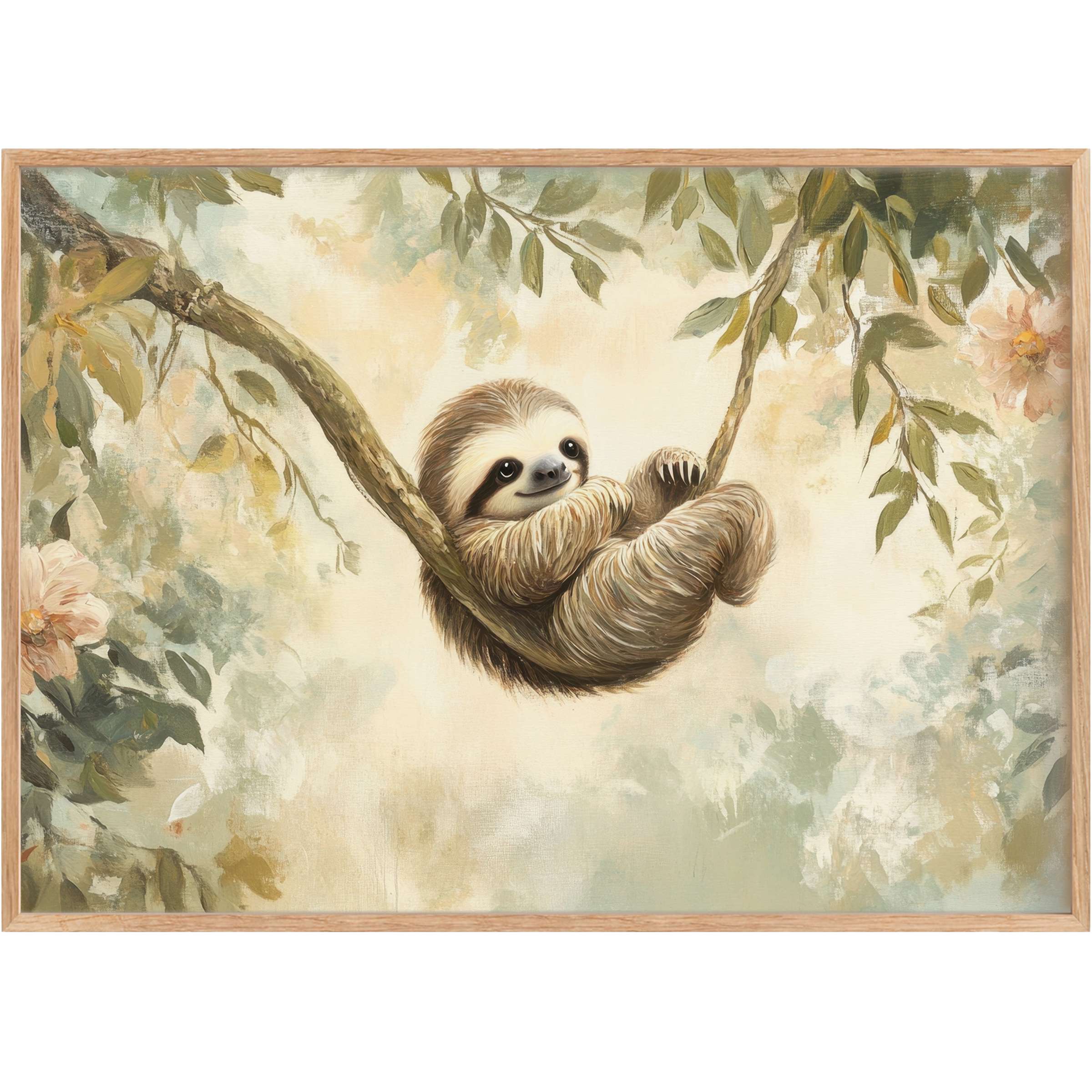 Gentle nursery printable wall art featuring a serene sloth cradled in soft green and beige foliage, evoking calm and warmth