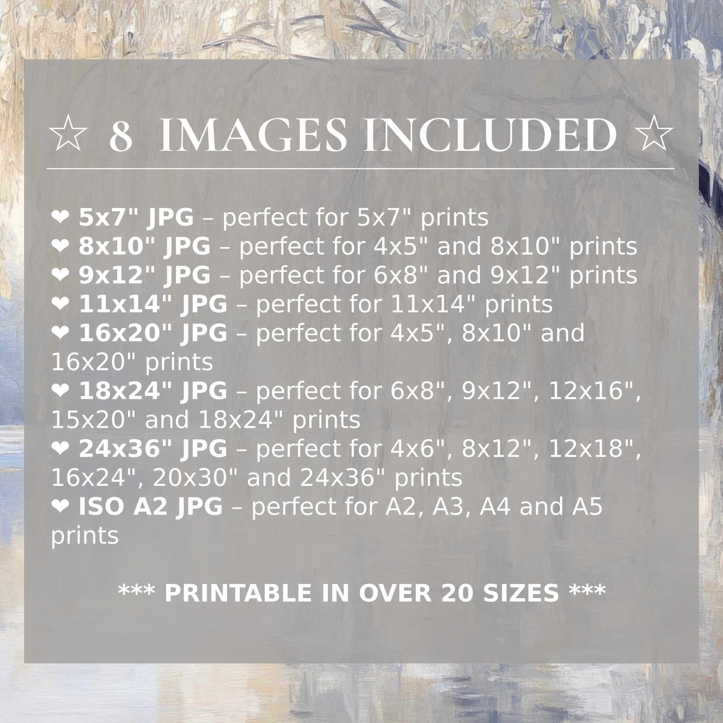Print size guide showing 8 included JPG formats for versatile wall art printing – perfect for framing in popular sizes from 5x7 to 24x36 and A2