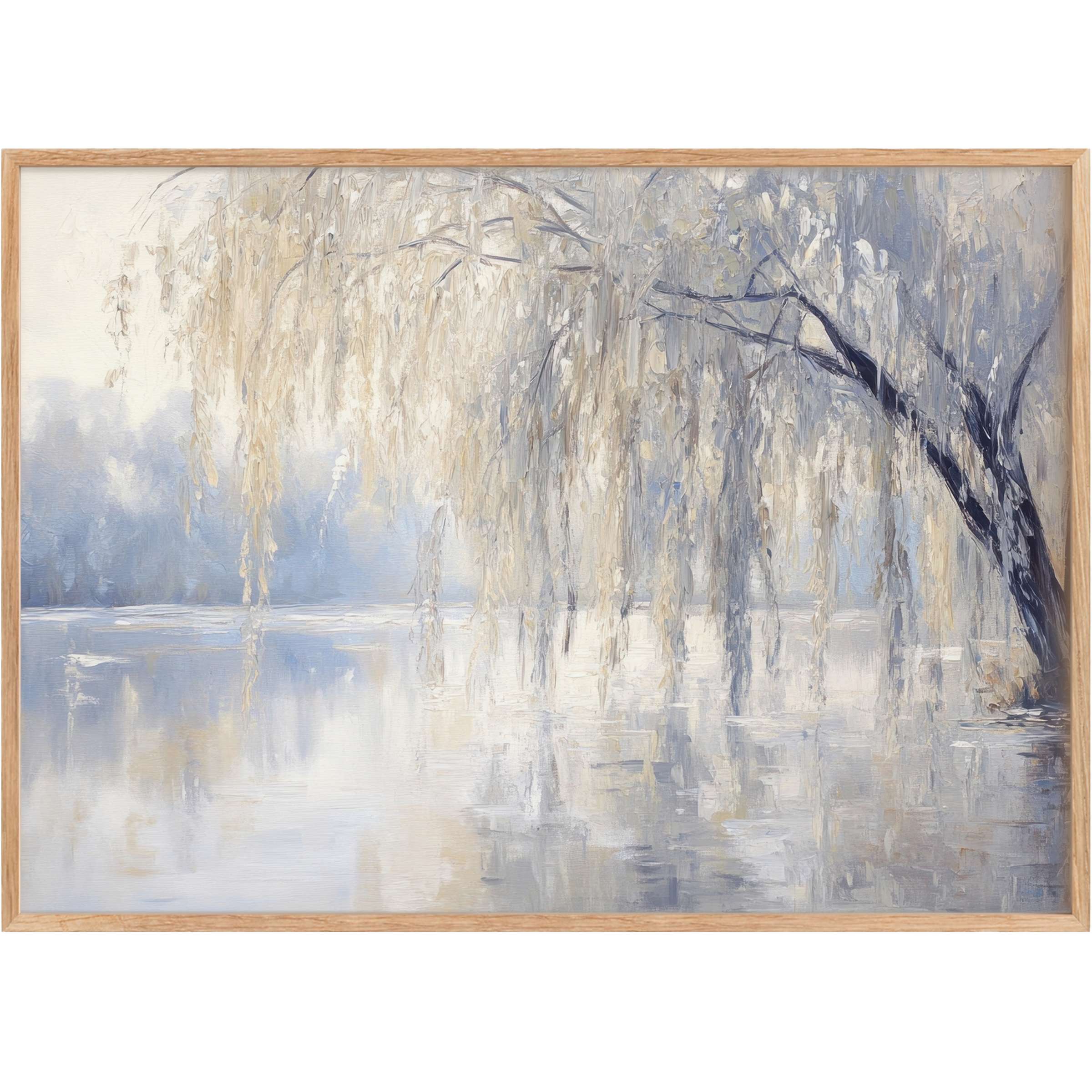 Elegant tree printable wall art capturing a serene weeping willow in soft blues and muted golds, evoking calming tranquility and refined grace