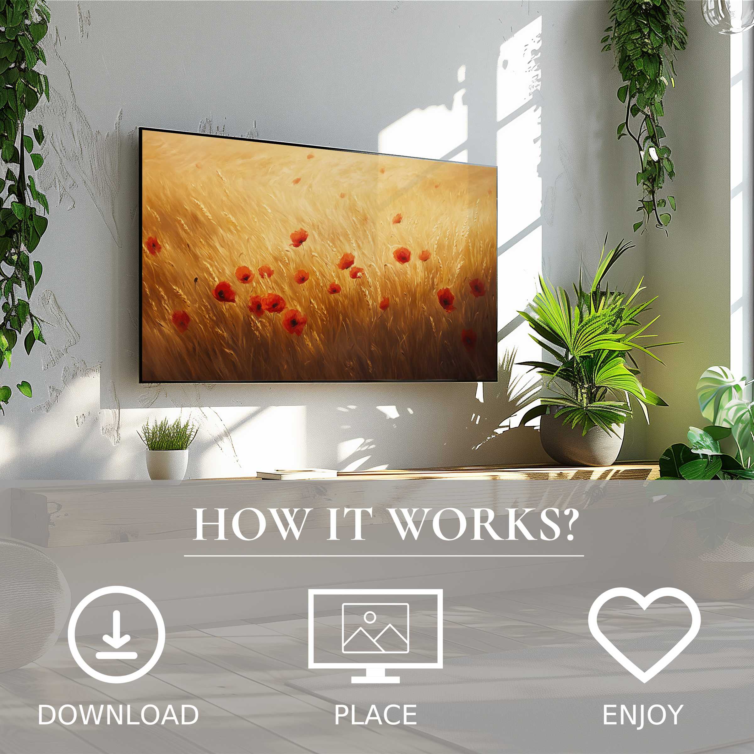 Floral art for Samsung TV shows warm poppies in soft sunset tones, easy digital download enriching modern decor