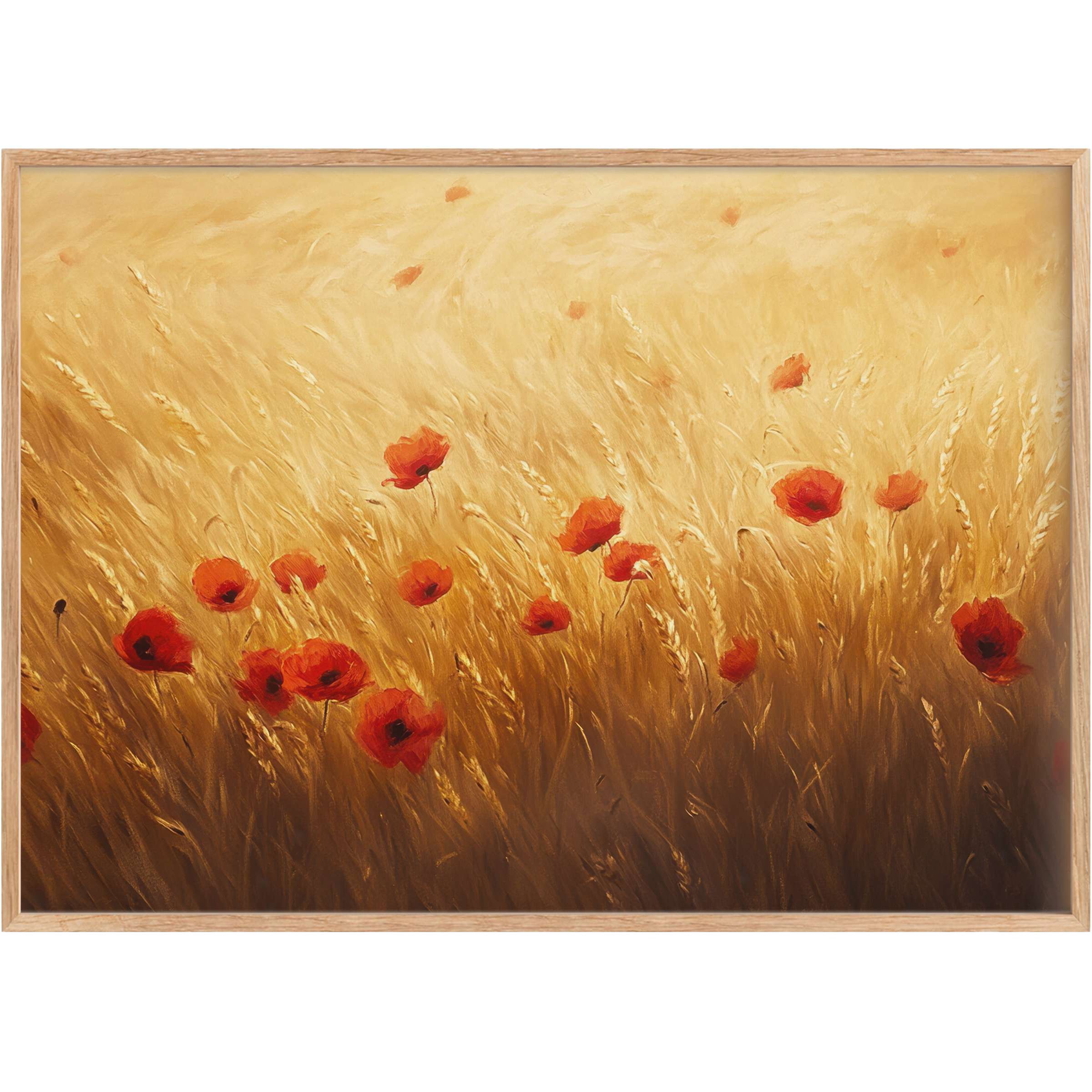 Radiant floral printable wall art featuring vibrant red poppies dancing in golden wheat fields, evoking warmth and serenity