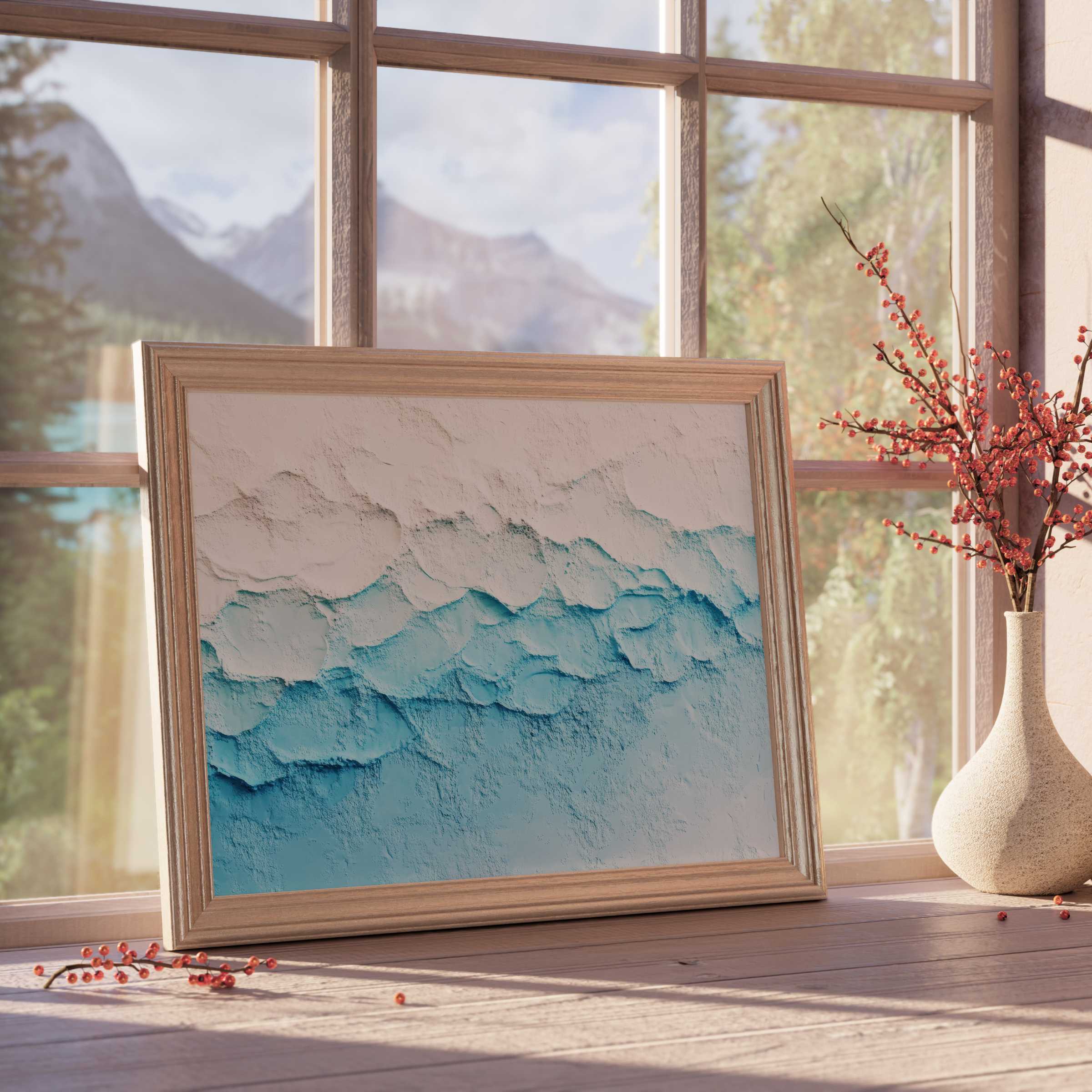 Modern downloadable art featuring serene textured clouds in soft blues and creams, perfect for elevating tranquil, curated interiors with natural light and organic decor accents