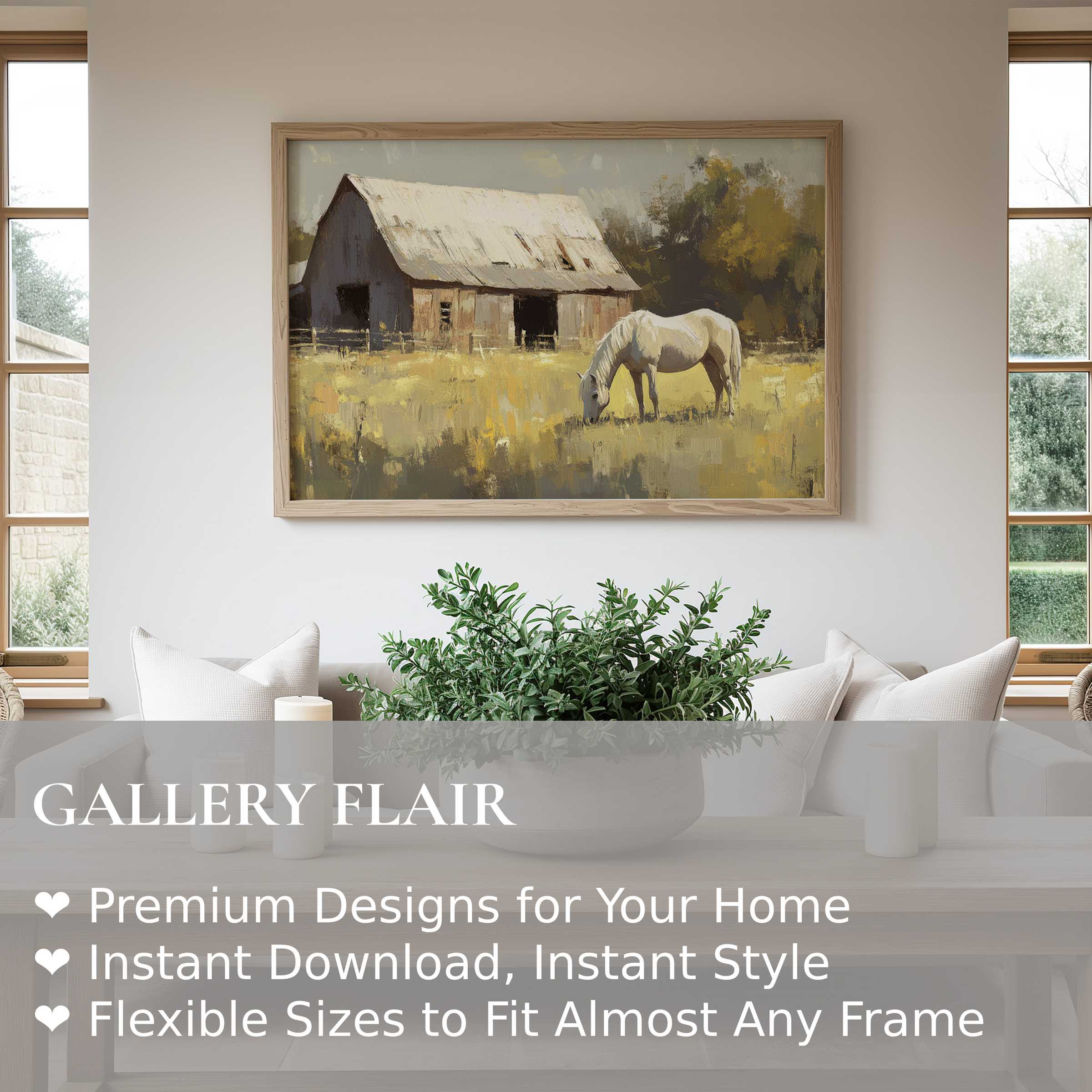 Farmhouse wall art print depicting a serene white horse grazing by a rustic barn, enhancing a modern rustic living room with calming, pastoral charm