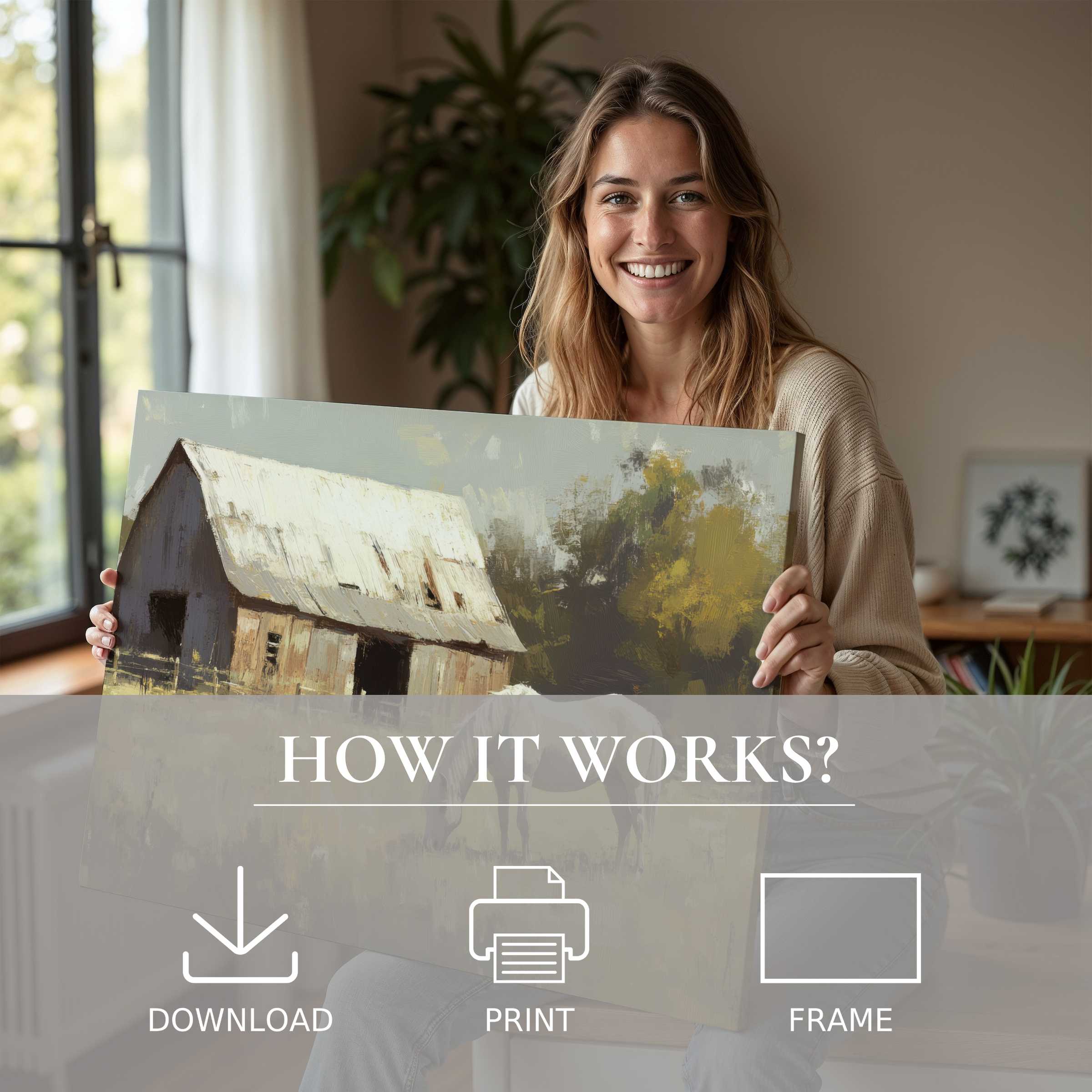 Woman joyfully presenting a farmhouse digital art print in warm, serene tones, embodying effortless elegance in modern home decor
