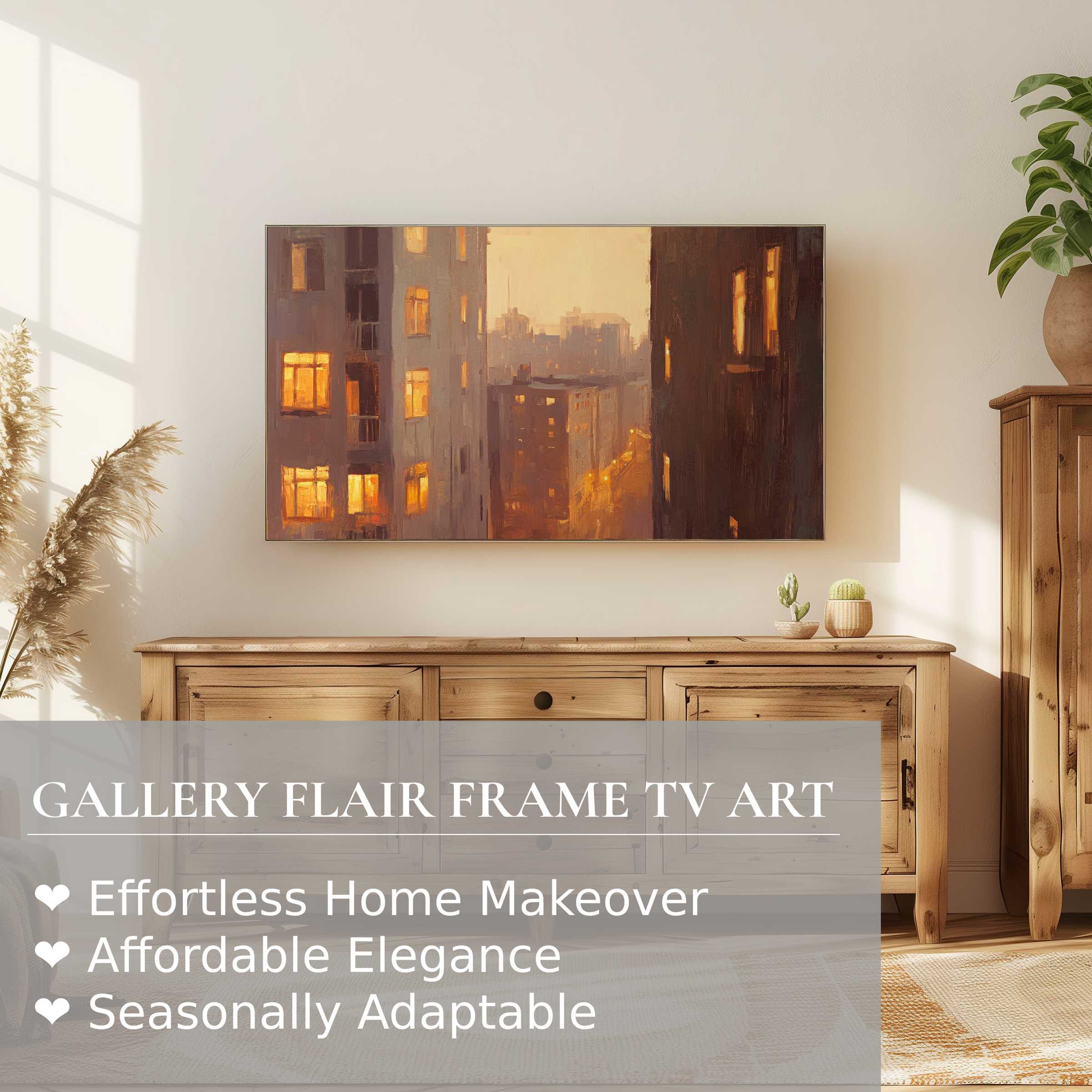 Samsung Frame TV displaying warm-hued urban digital artwork, enhancing serene, modern living spaces with refined style