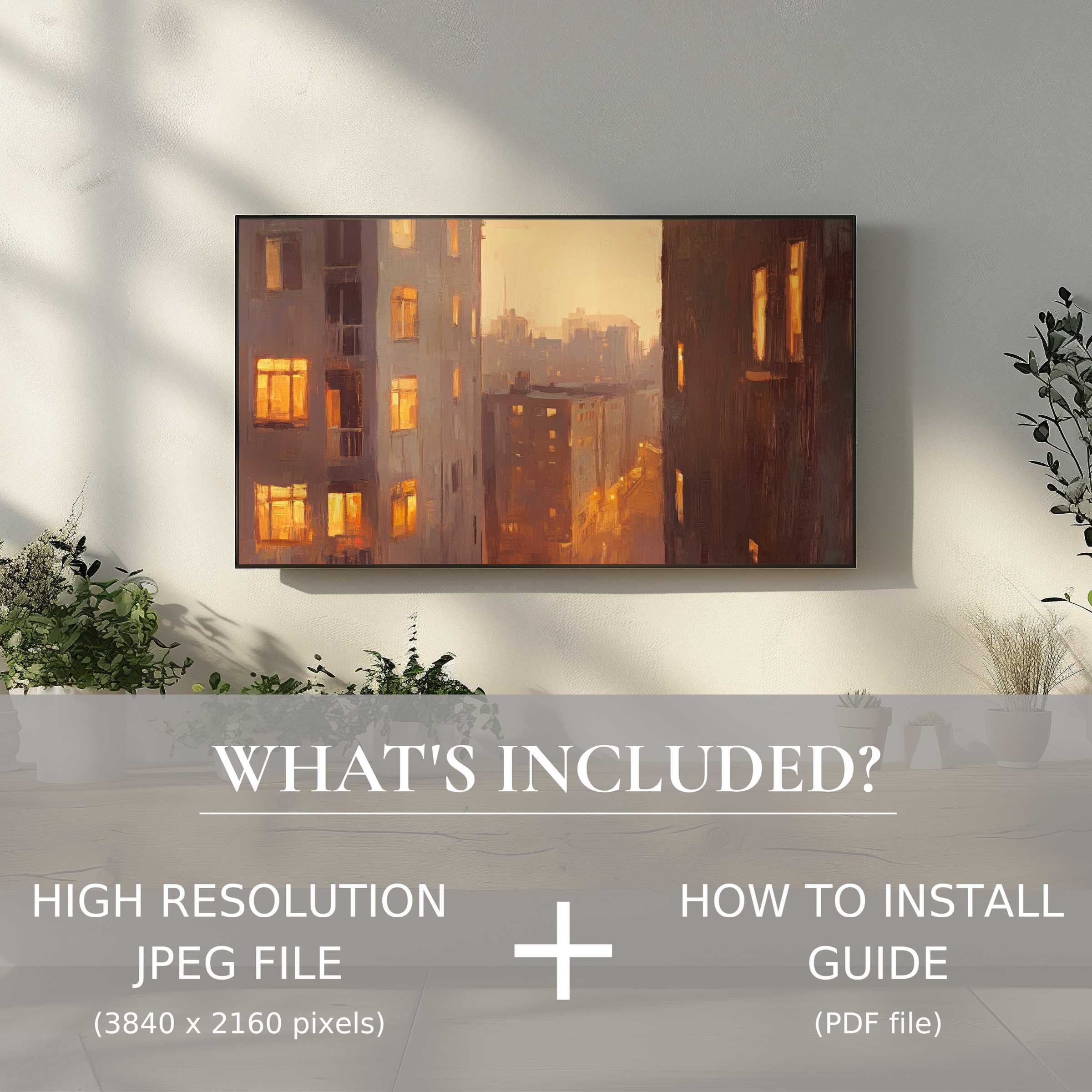 Elegant urban digital TV art download showcasing warm cityscape, enhancing modern living spaces with easy digital use