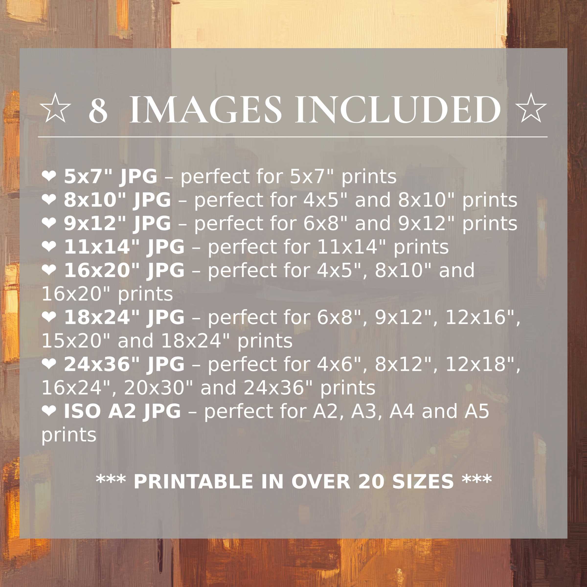 Urban digital print with radiant amber and muted gray hues, included in 8 high-quality sizes to elevate modern interiors with versatile style