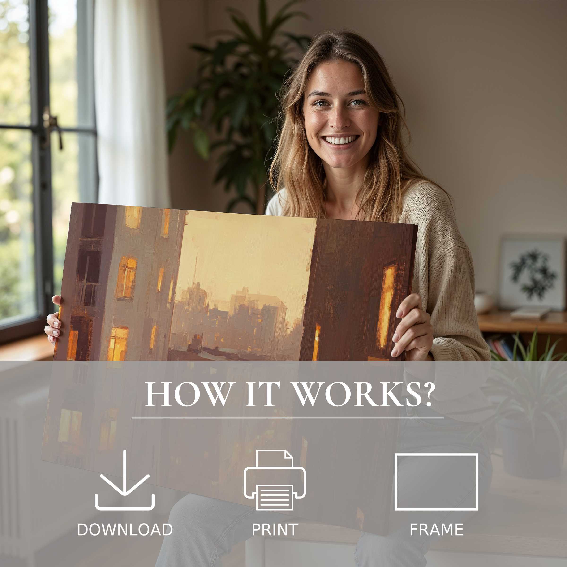 A radiant moment of joy as a woman embraces an urban digital art print, inviting serene elegance into a modern home