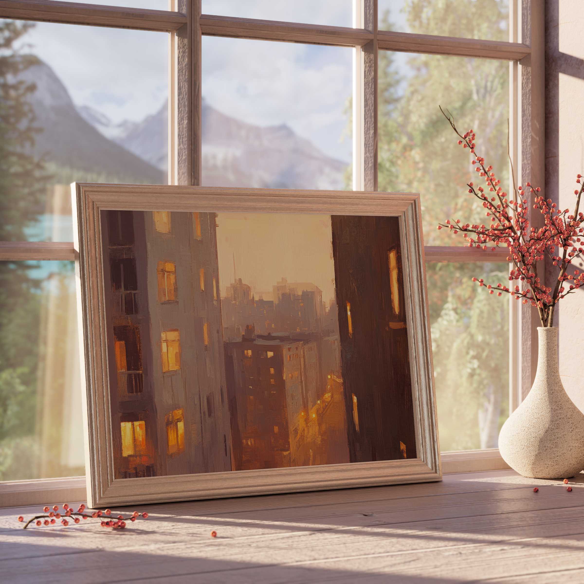 Warm urban downloadable art evoking tranquil twilight cityscapes, enriching curated interiors with cozy, design-forward ambiance