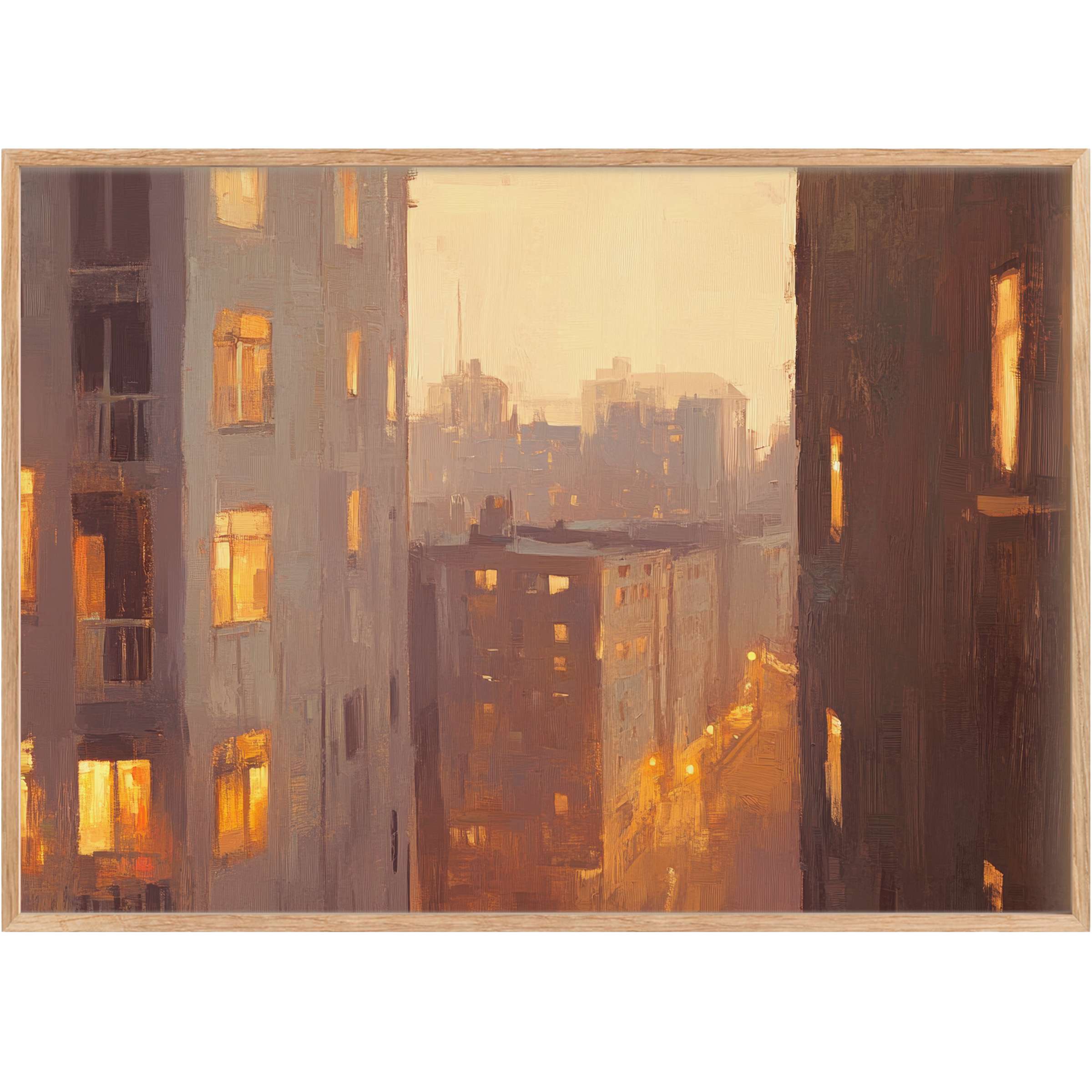 Warm amber-lit windows glow against muted grays in this urban printable wall art, evoking a serene, inviting city dusk ambiance