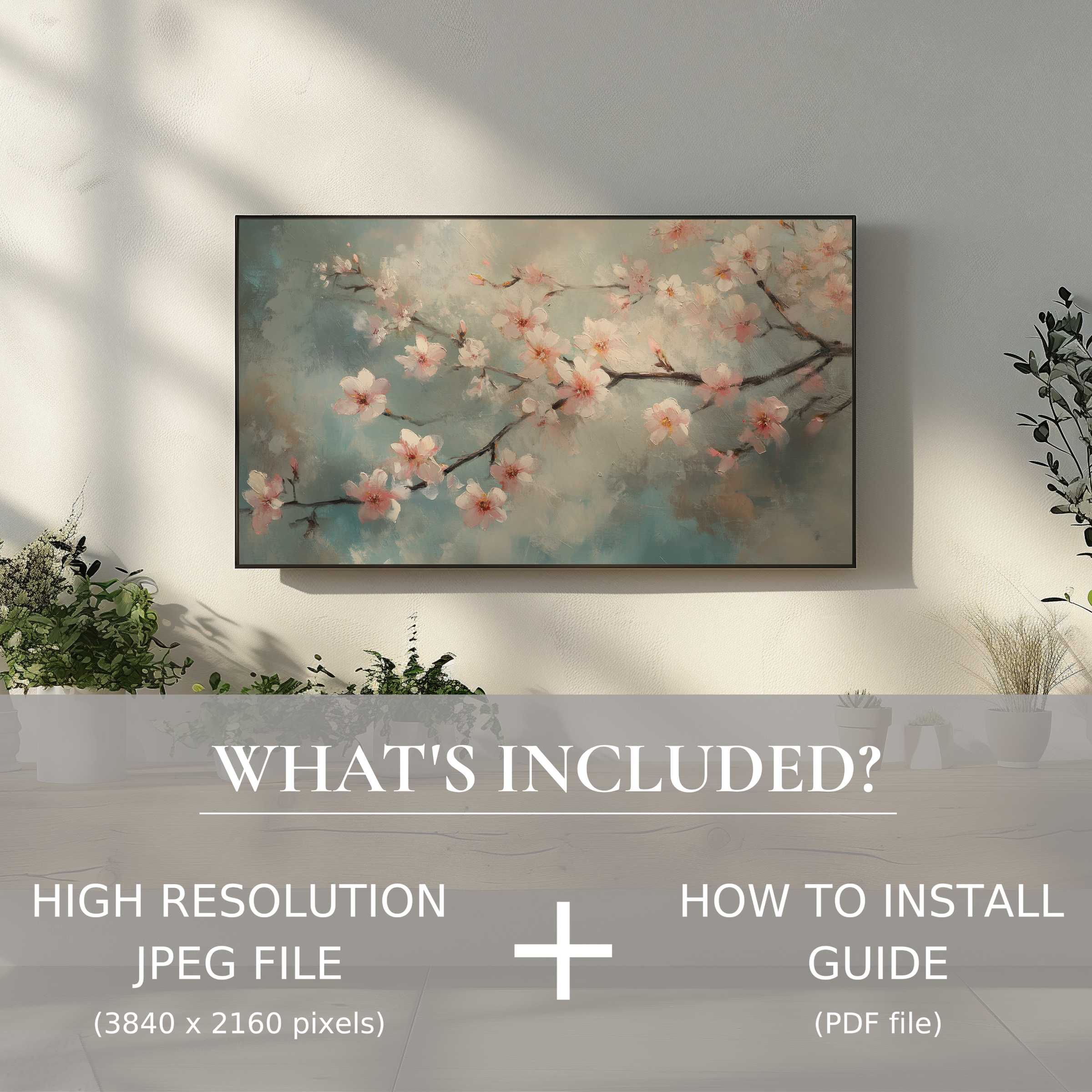Elegant botanical digital TV art download with easy use, enhancing stylish living spaces with soft floral beauty