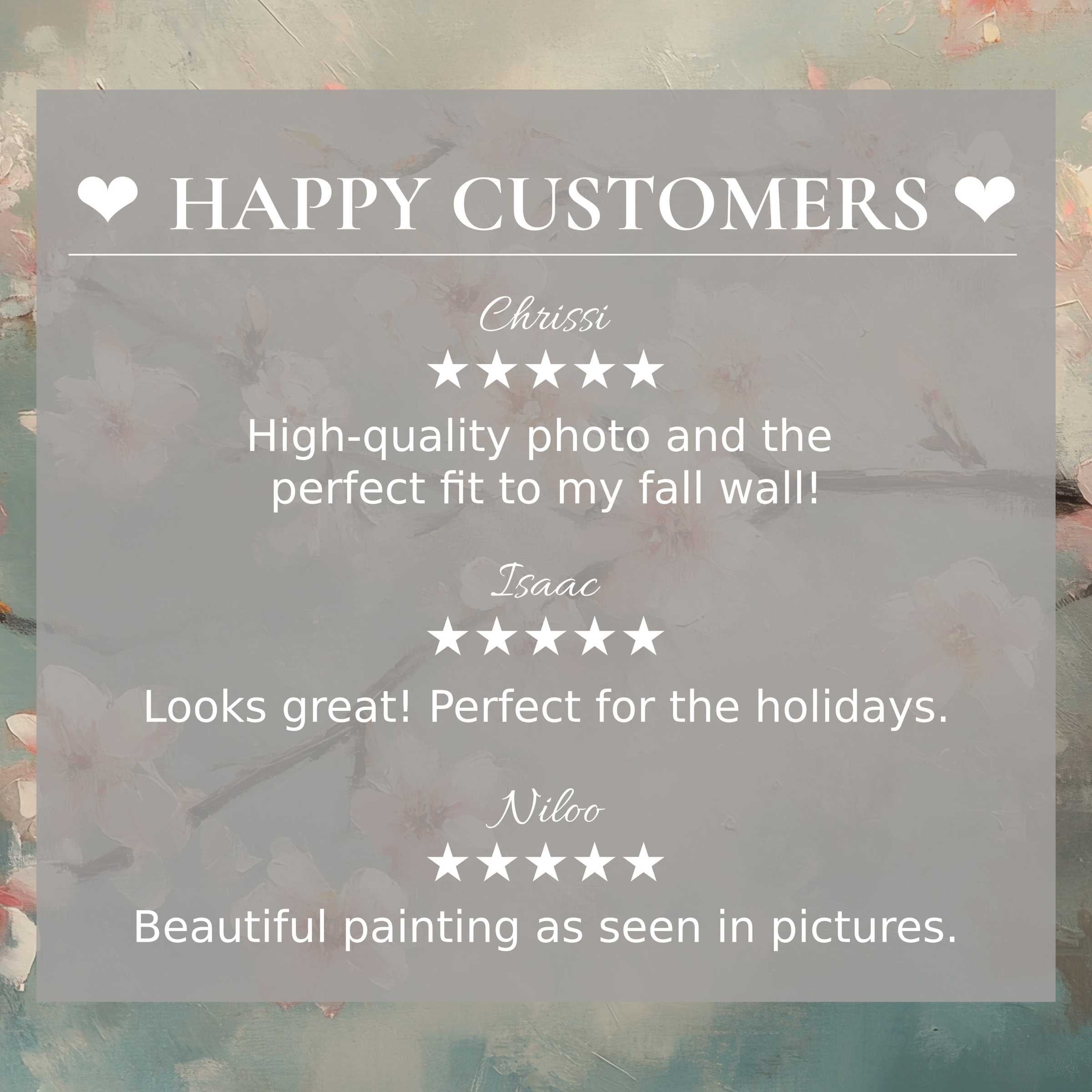 Botanical art for Frame TV with soft floral background, highlighting happy customer reviews and elegant, trusted design