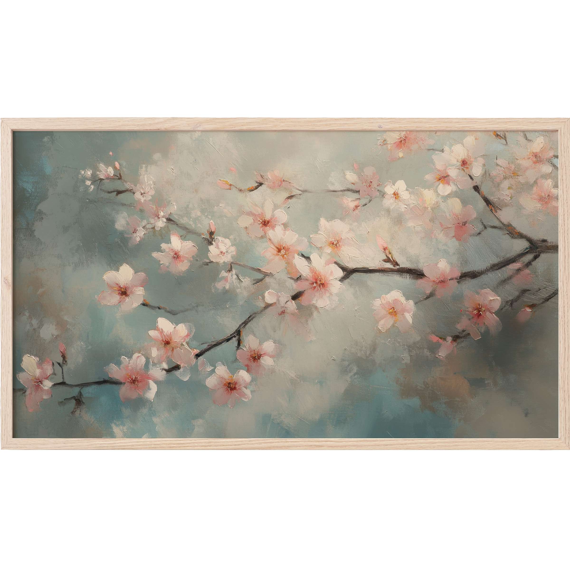 Soft pink blossoms on dark branches bloom against muted blue and gray tones in this botanical Frame TV Art