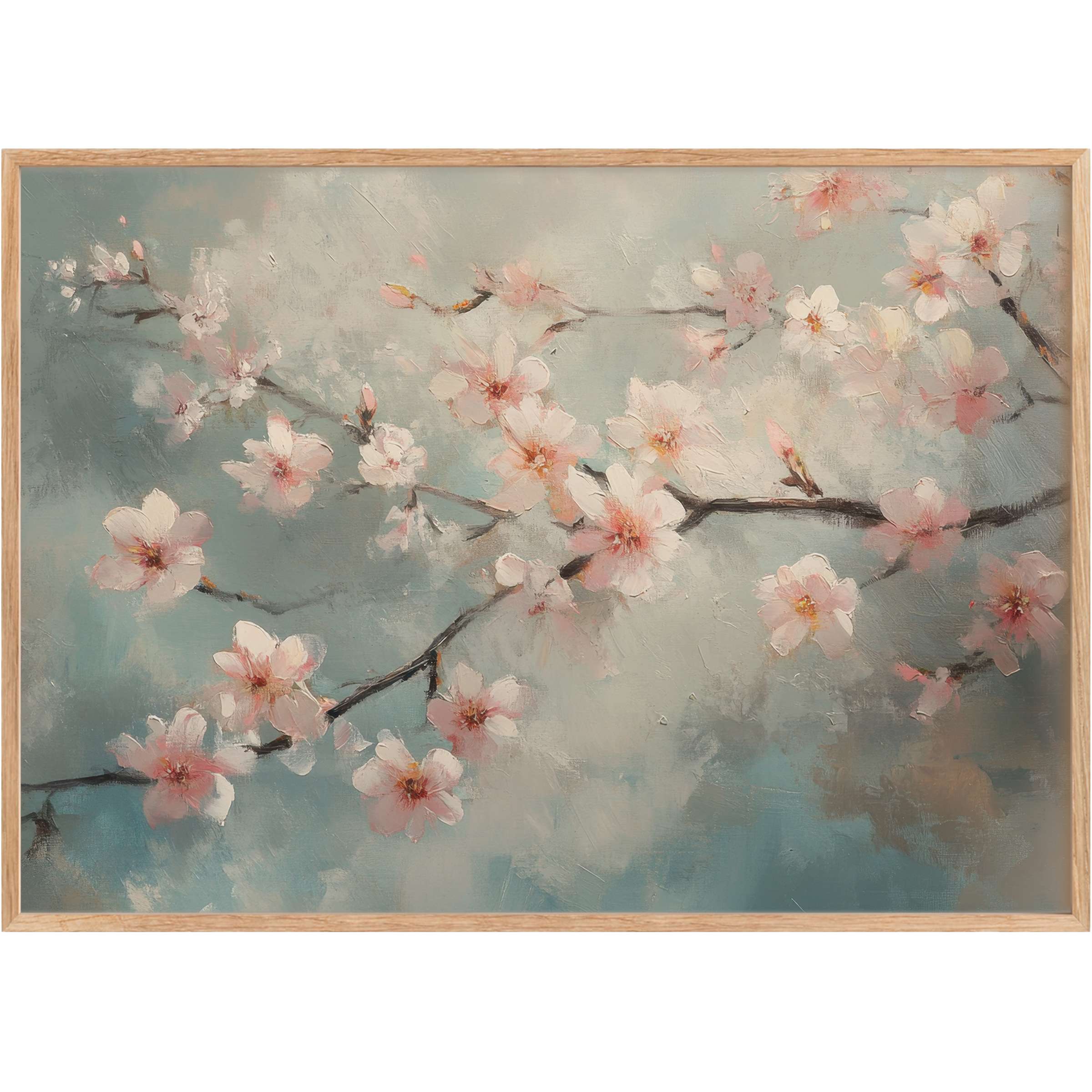 Botanical printable wall art with delicate pink blossoms on muted teal and gray, evoking a serene, airy elegance